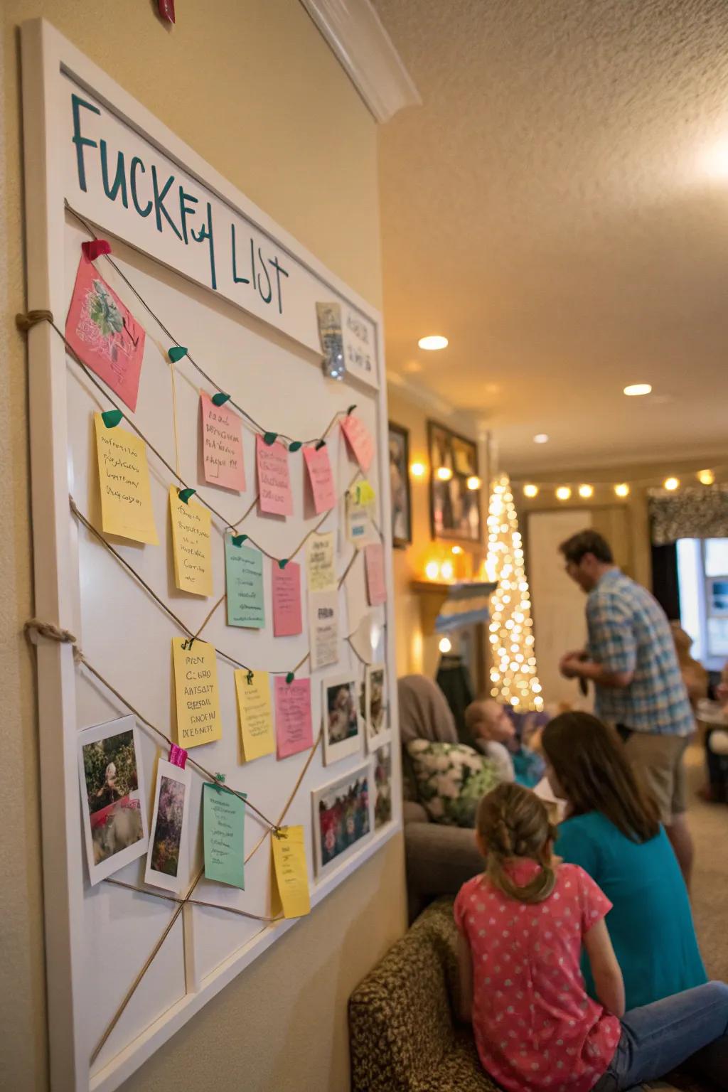 A family bucket list board with dreams and goals for everyone.