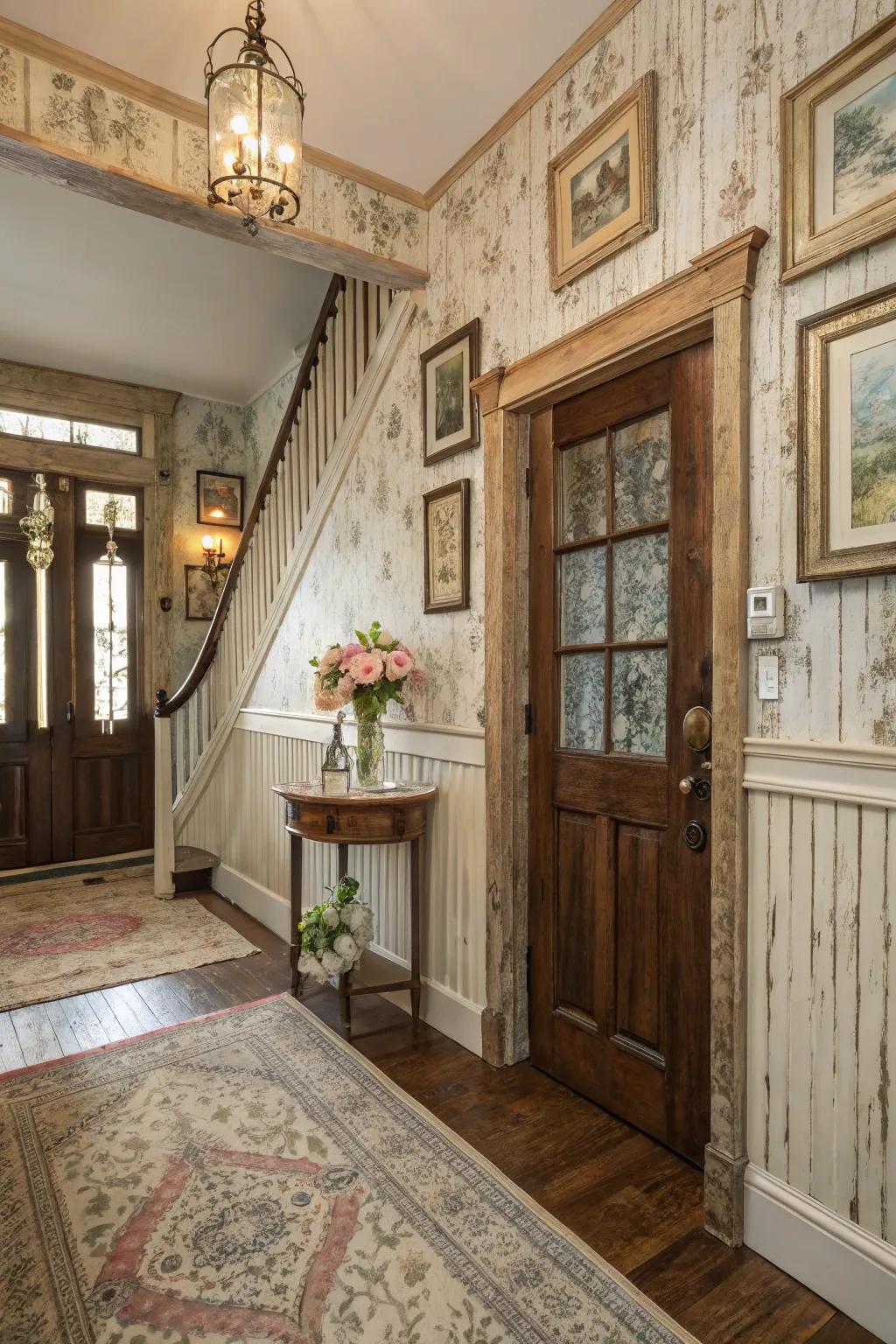 Distressed wood wainscoting offers a charming shabby chic aesthetic.