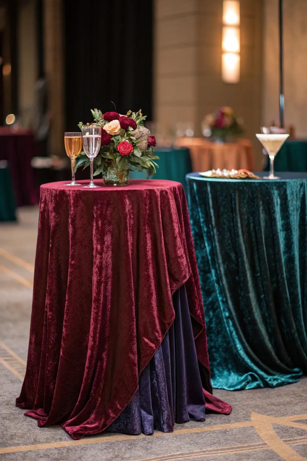 Luxurious cocktail table with velvet and satin fabrics.