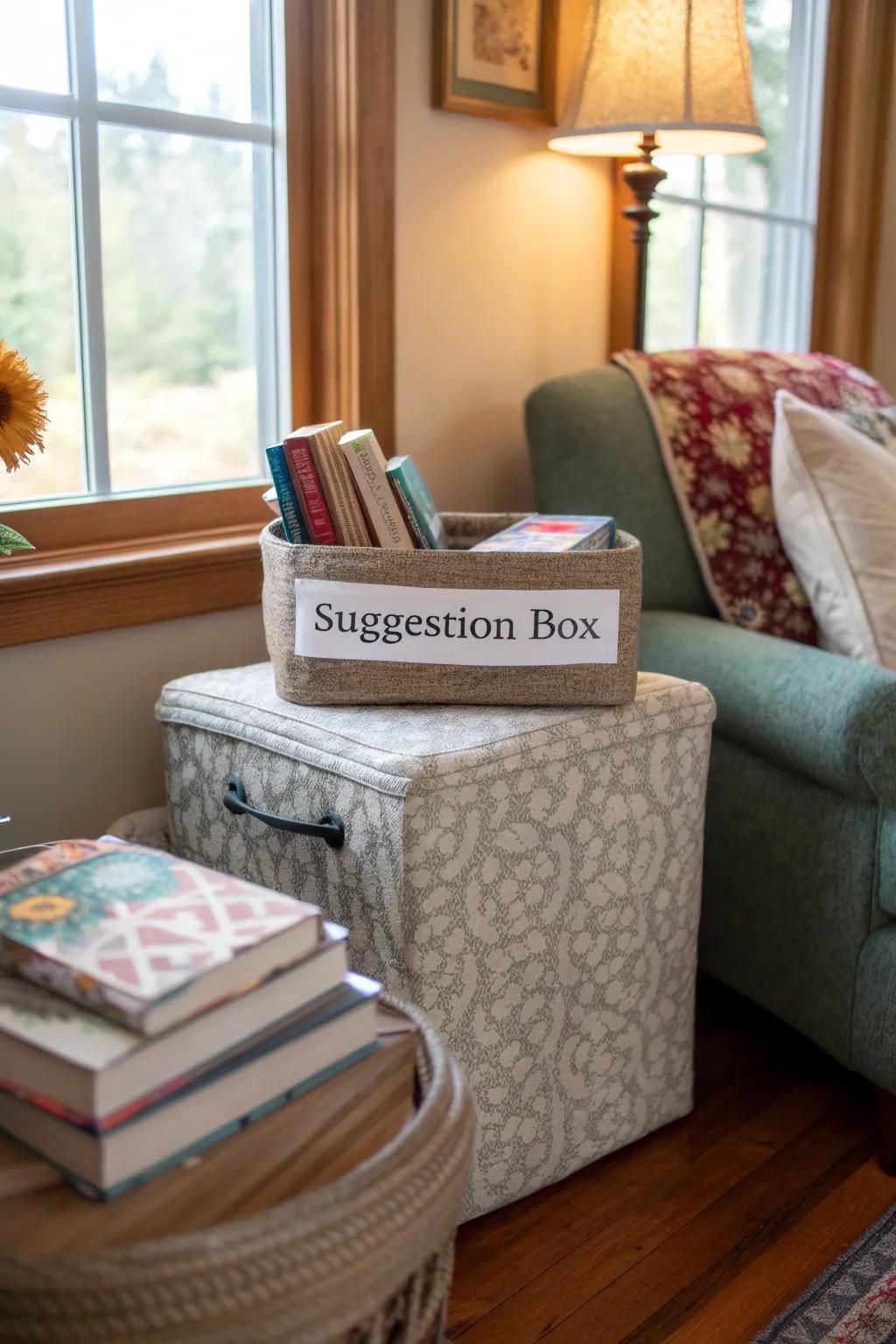 A fabric-covered suggestion box adding charm to a bedroom nook.