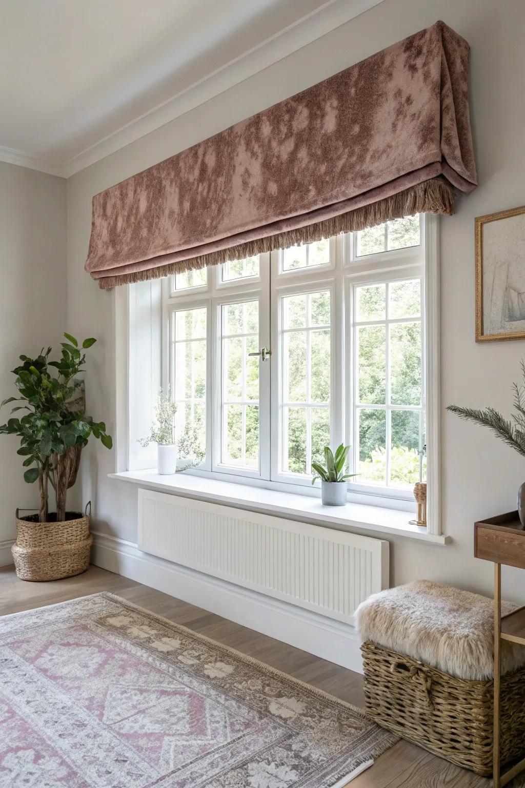 Elevate your space with the luxurious touch of a velvety cornice board, blending Scandinavian simplicity with boho charm.