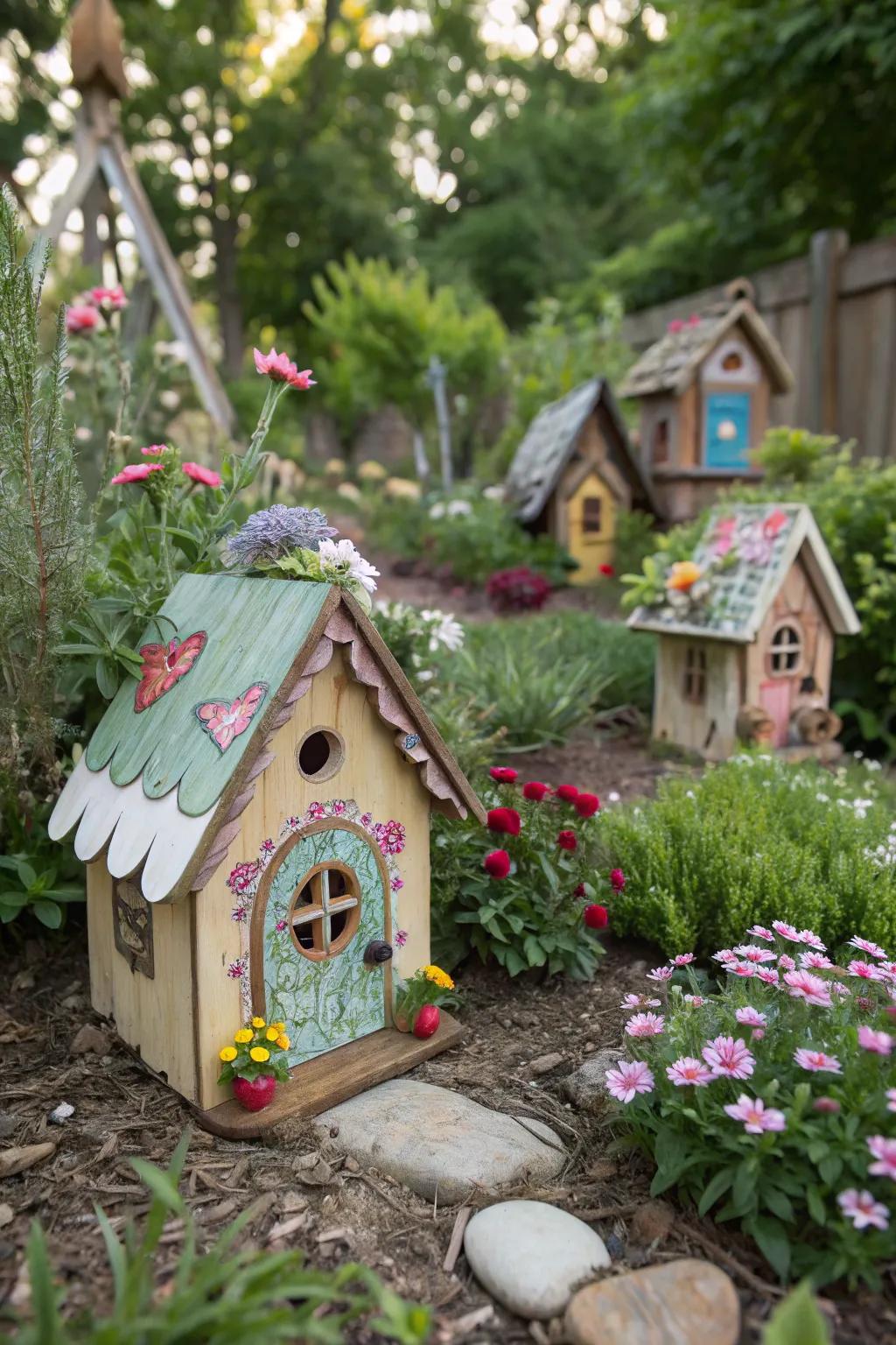 Scrap wood fairy houses bring a handcrafted charm to the garden.