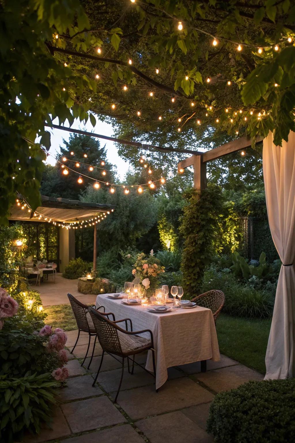 An inviting outdoor dining space illuminated by fairy lights.