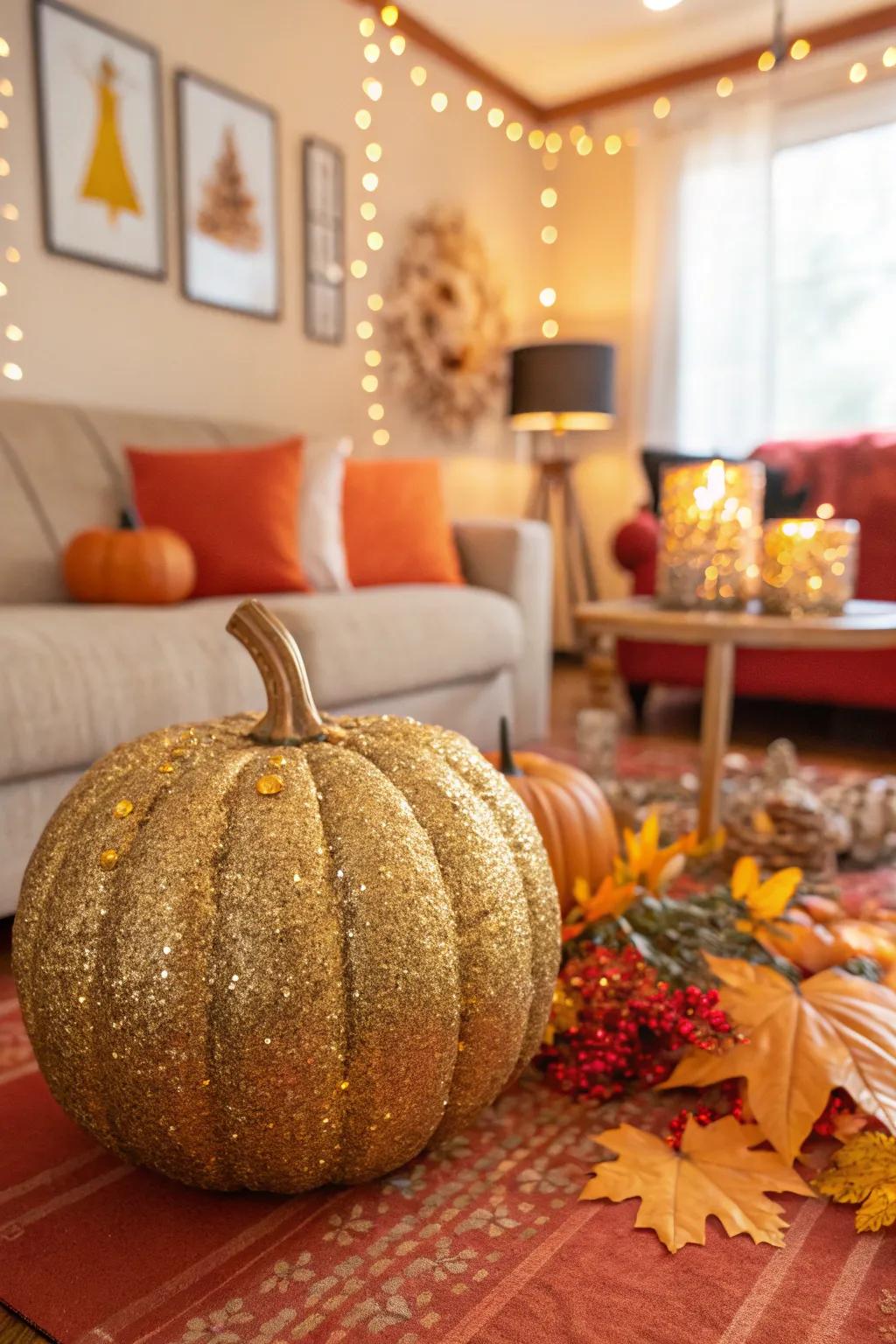 Glittery pumpkins create a dazzling and festive atmosphere.