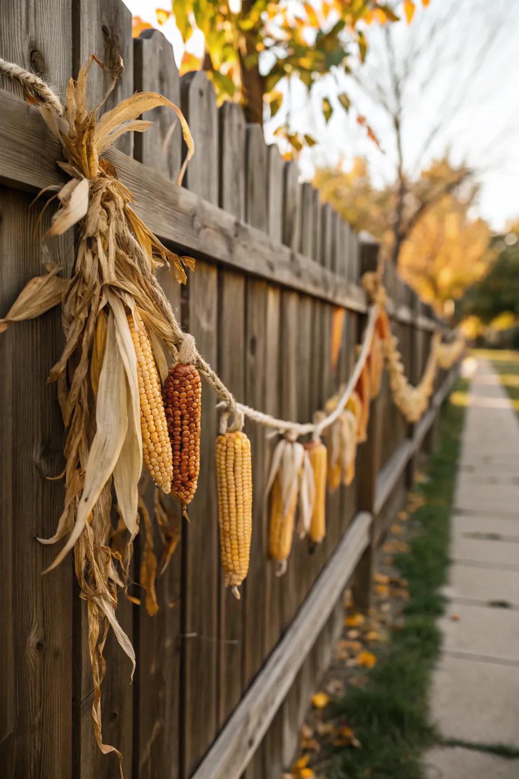 A corn garland adds a harvest touch to a rustic setting.