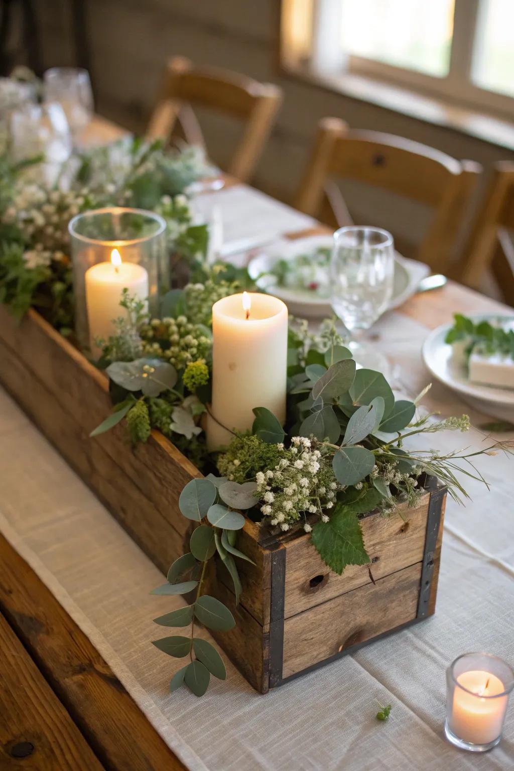 A rustic crate offers depth and flexibility for a farmhouse centerpiece.