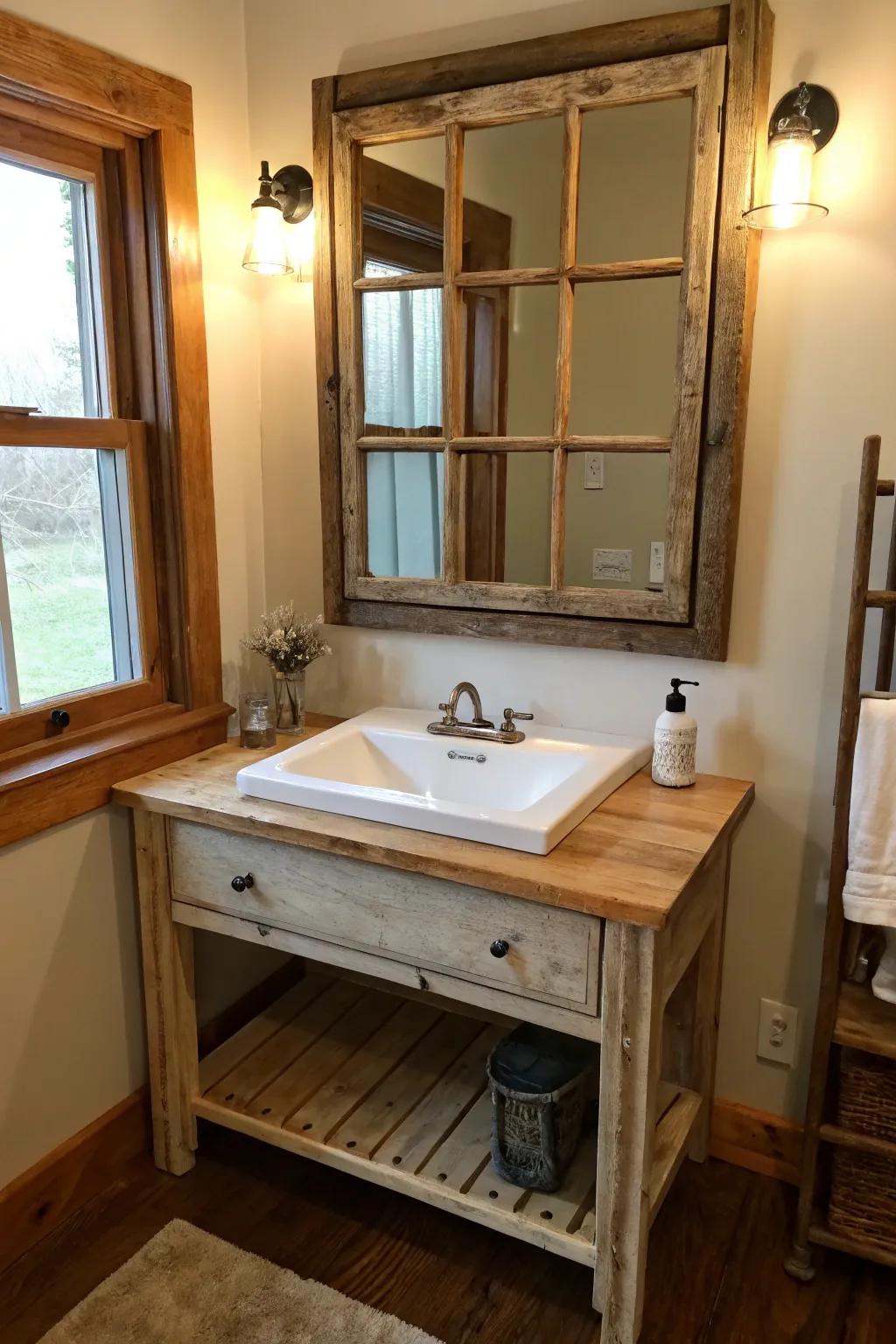 A farmhouse bathroom vanity featuring a repurposed window frame as a mirror.