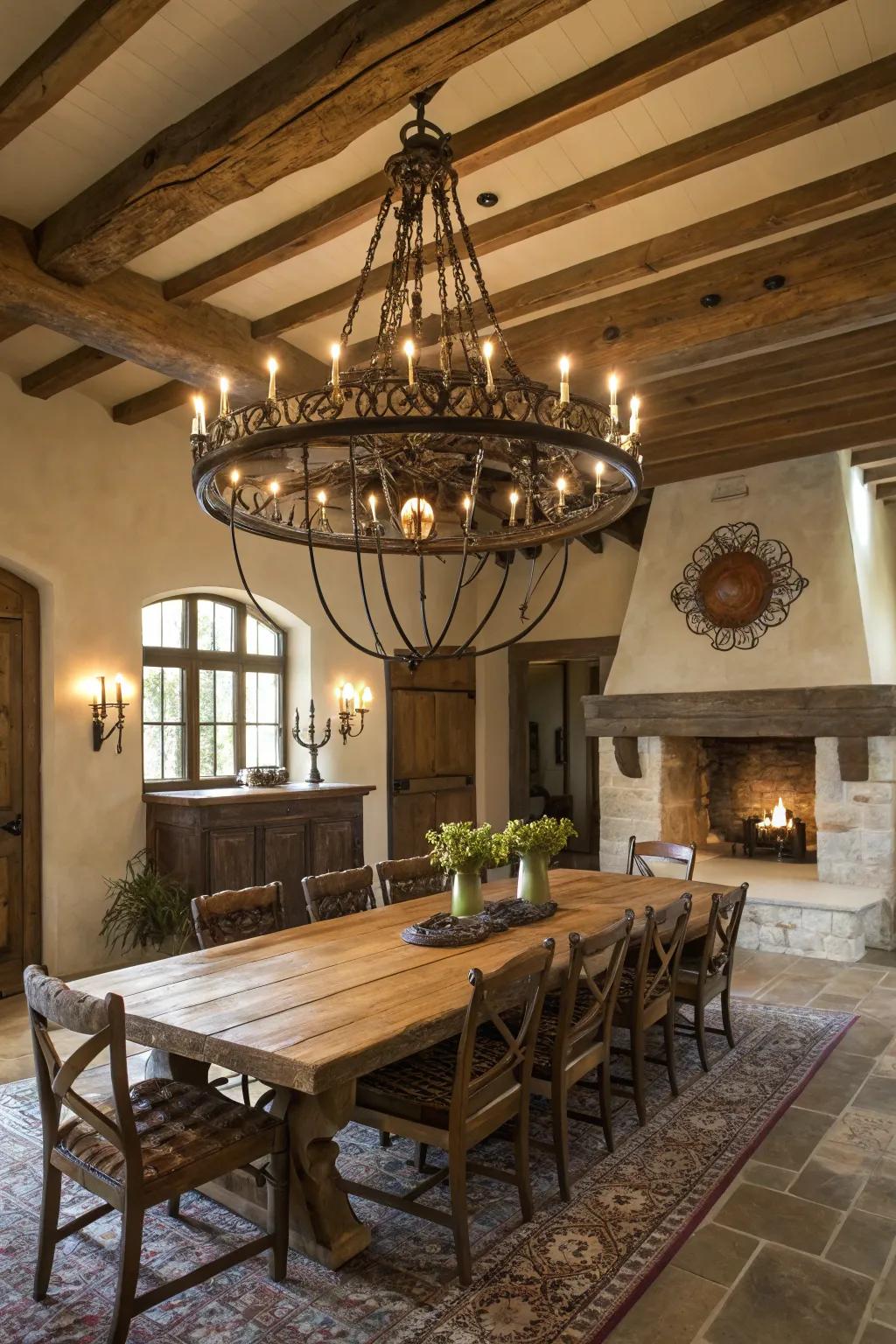 A statement light fixture adds style and focus to farmhouse spaces.