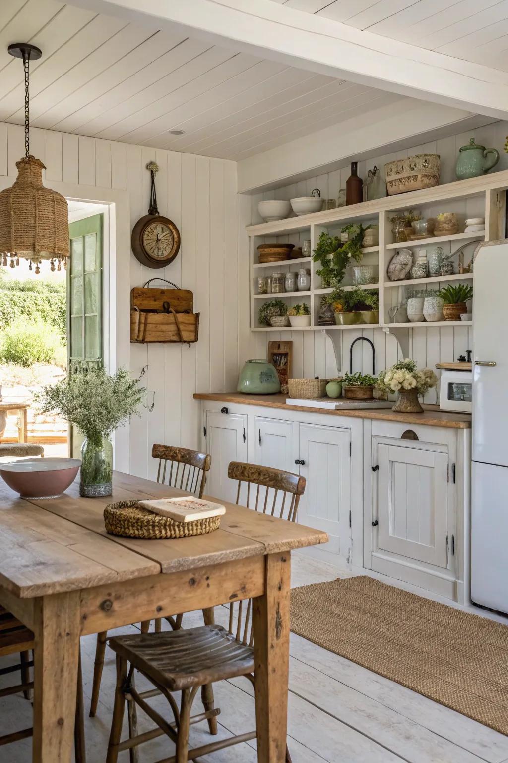 Farmhouse kitchen featuring open cabinetry for a spacious feel.