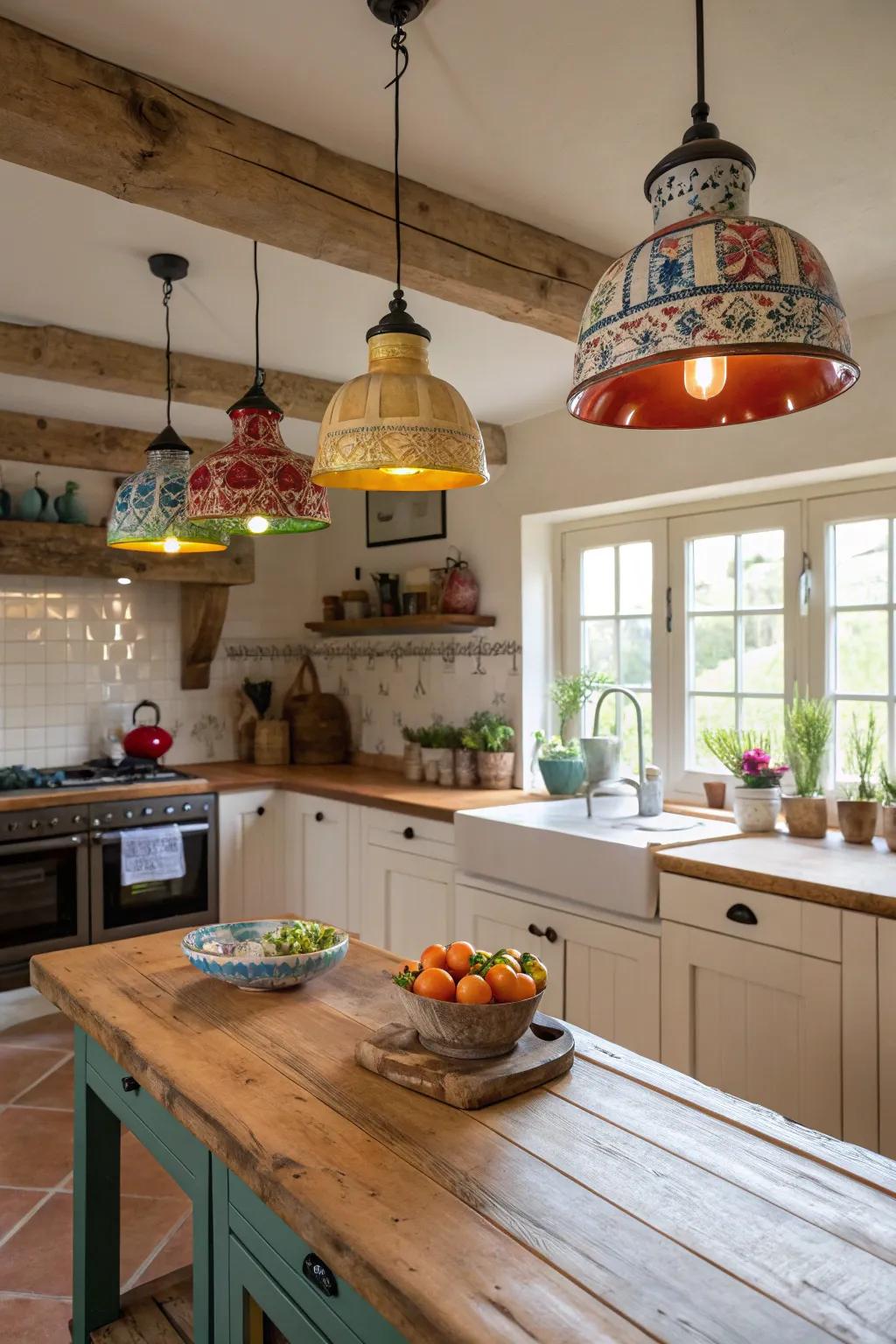 Ceramic pendant lights add artistic flair to the kitchen.