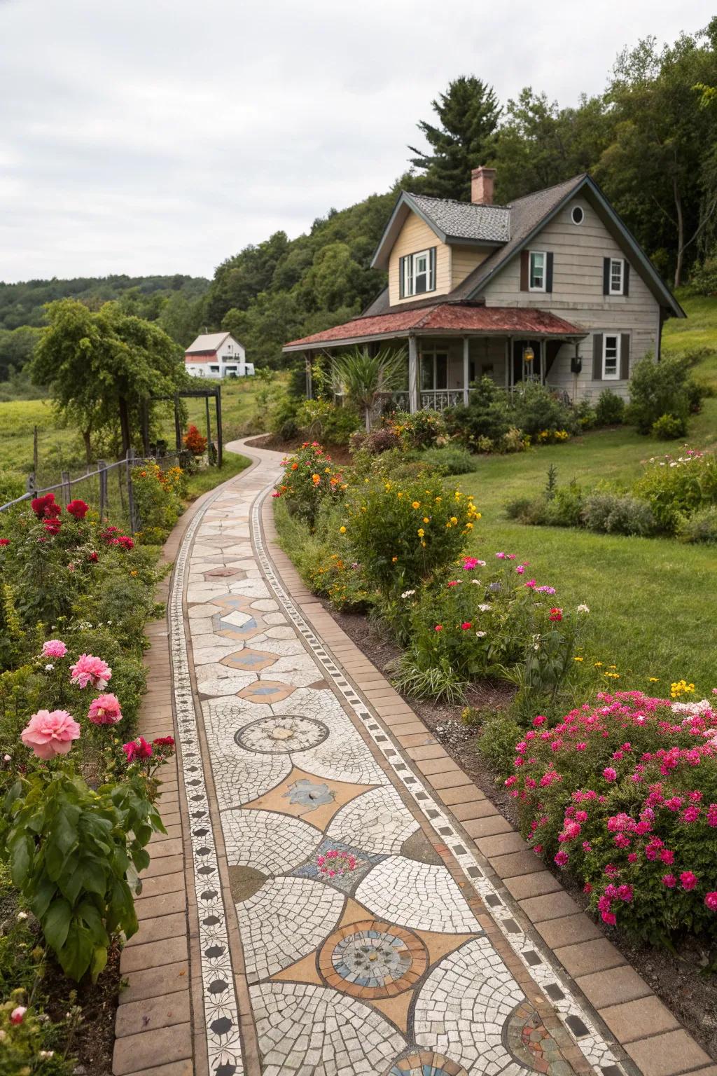 Mosaic tile accents bring a creative touch to this farmhouse path.