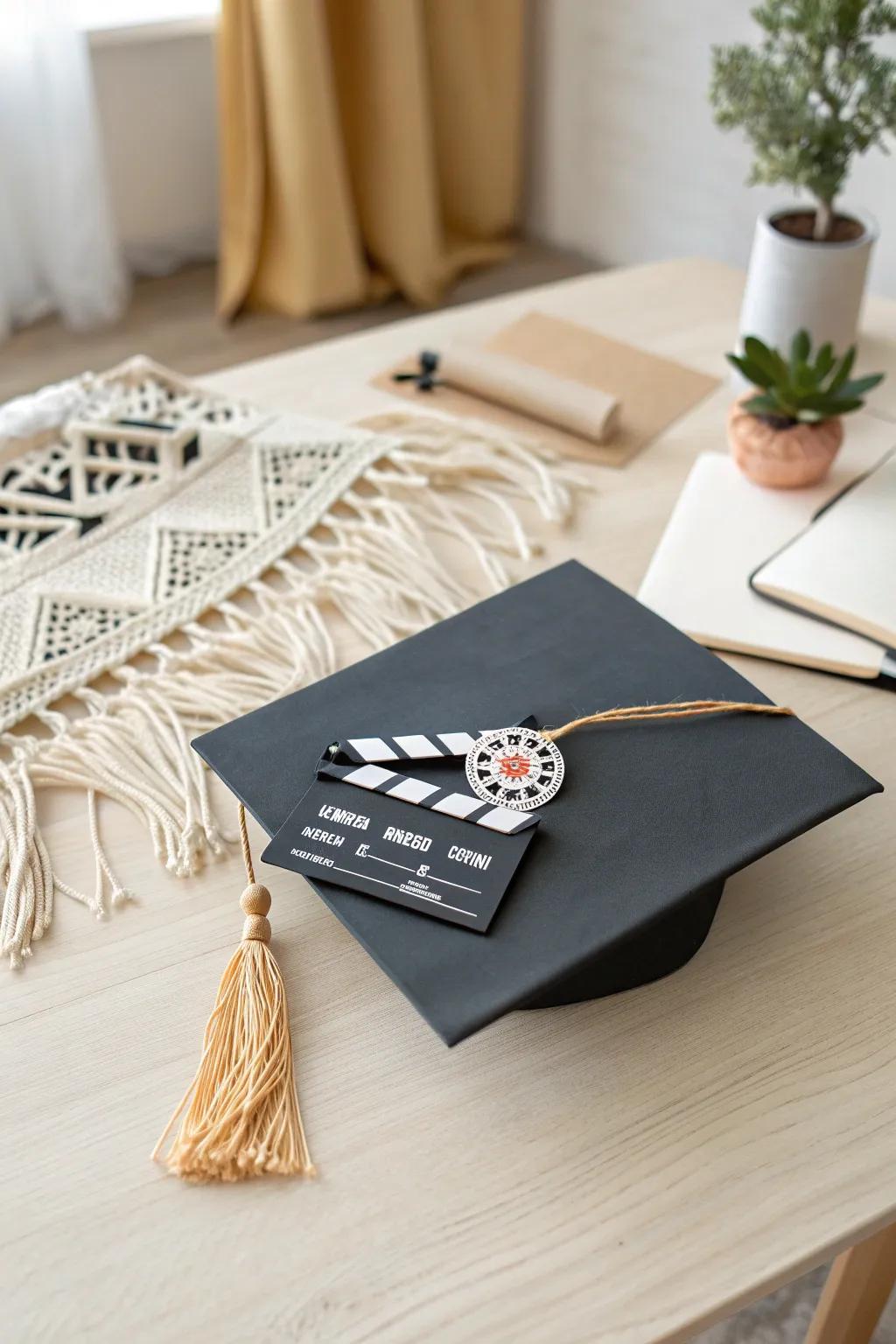 Transform your graduation cap into a cinematic masterpiece with minimalist blockbuster elements.