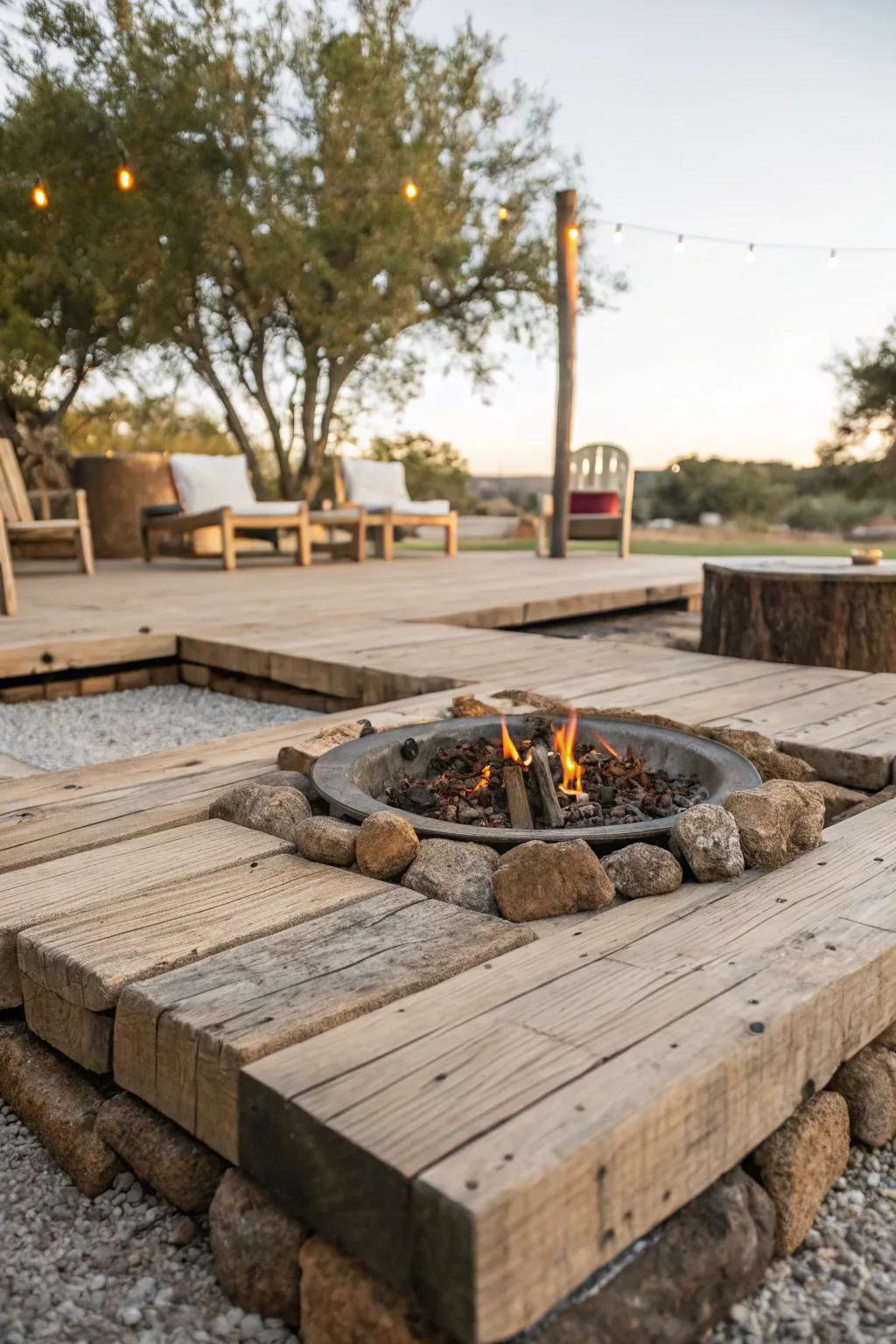 Reclaimed wood adds character and sustainability to your fire pit area.