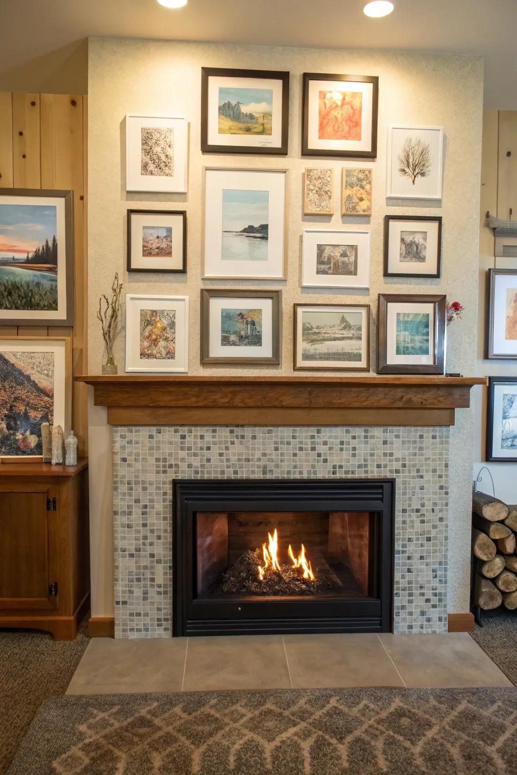 A gallery wall adds artistic flair to this fireplace setup.