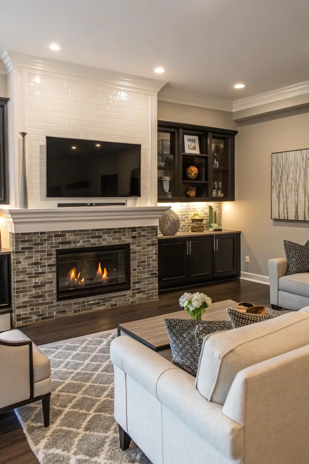 A modern backsplash updates the look of your fireplace area.