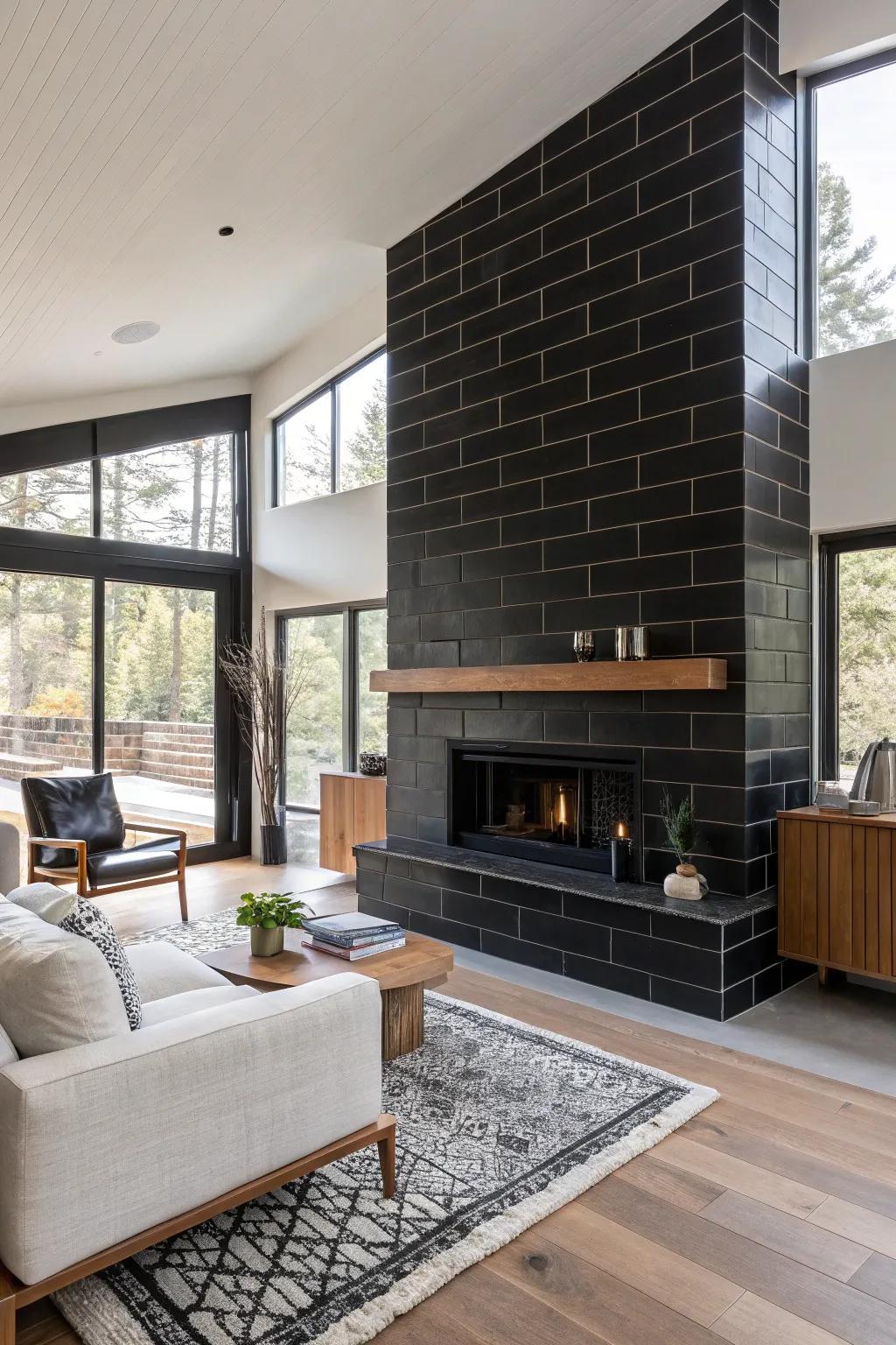 Black tiles creating a dramatic and modern focal point in the living room.