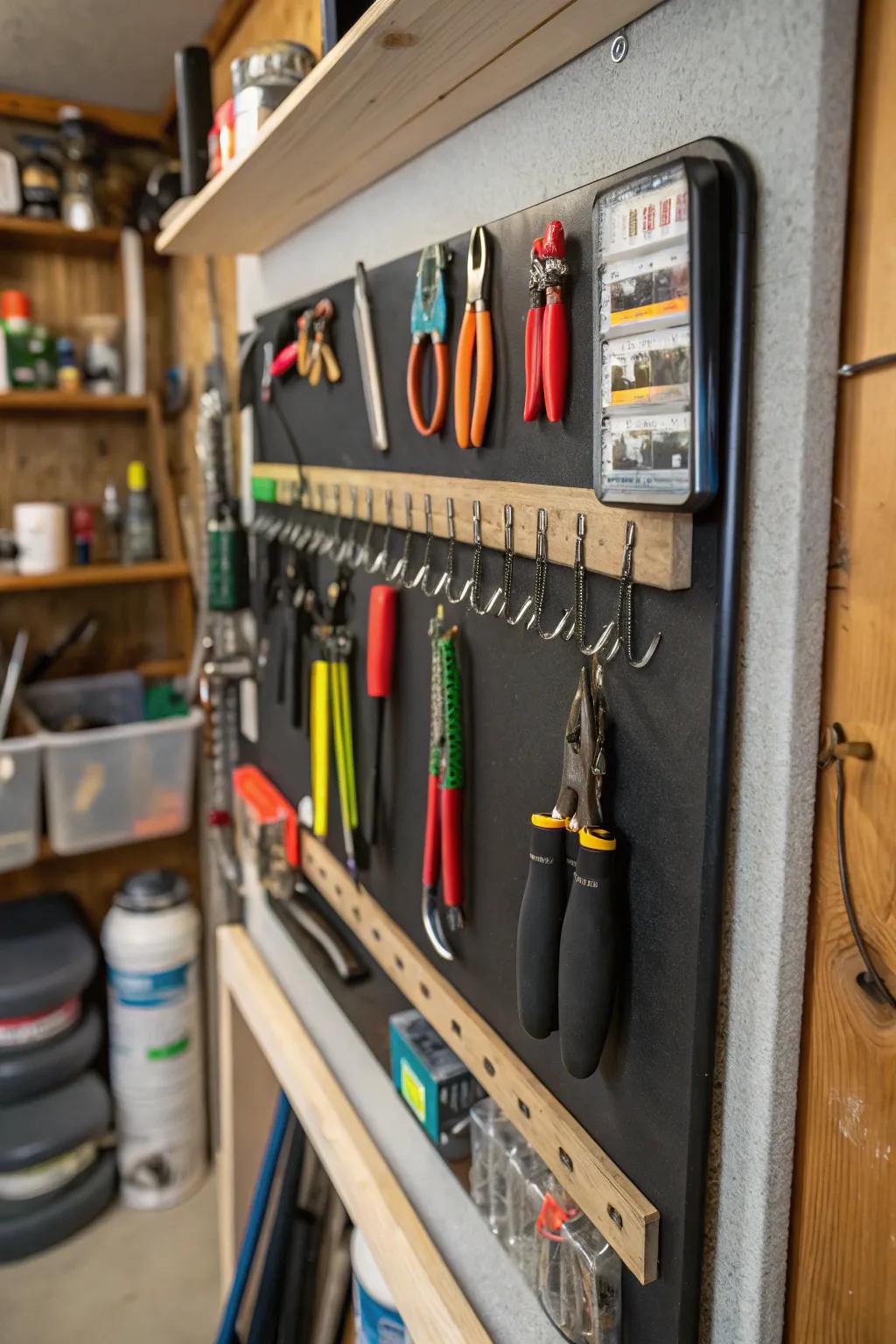 A magnetic strip keeps fishing tools within easy reach.