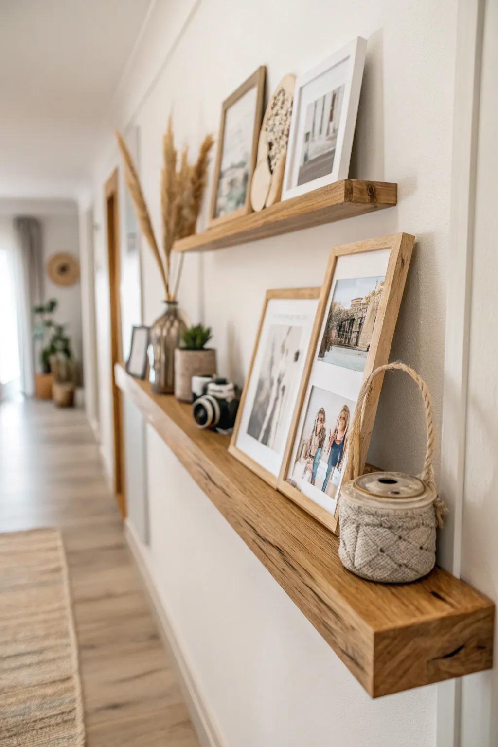 Transform your hallway into a personal gallery with minimalist floating shelves and cherished memories.
