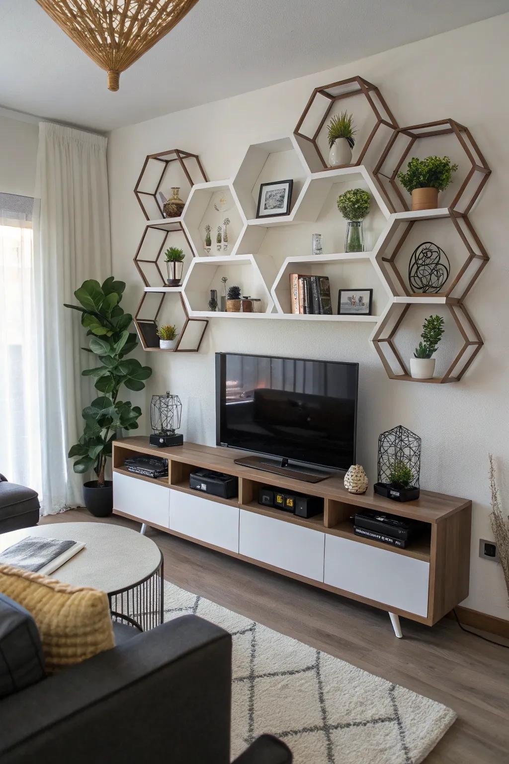 A geometric arrangement of floating shelves adds modern flair to the TV space.