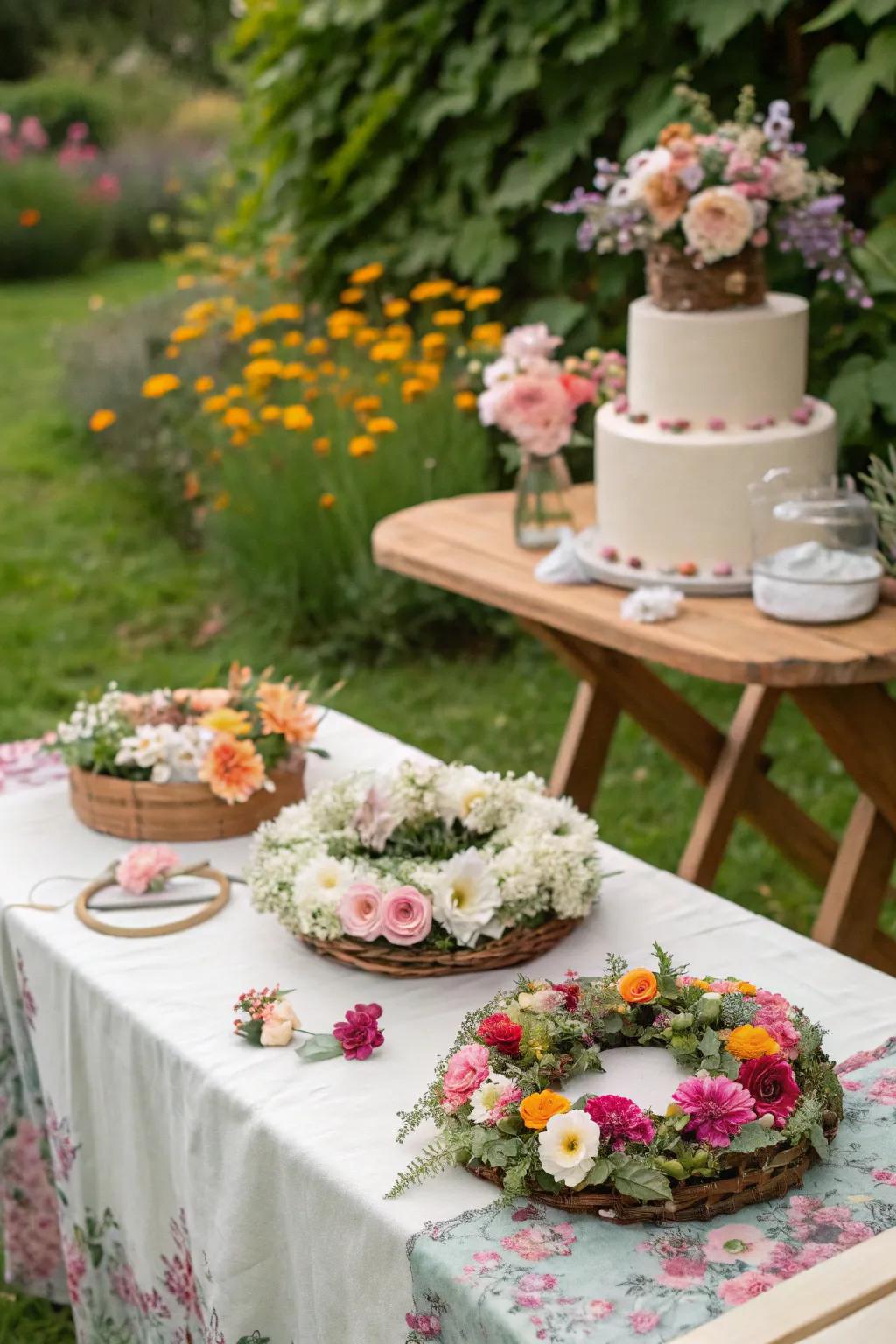 Garden party flower crowns ready for a fun gathering.