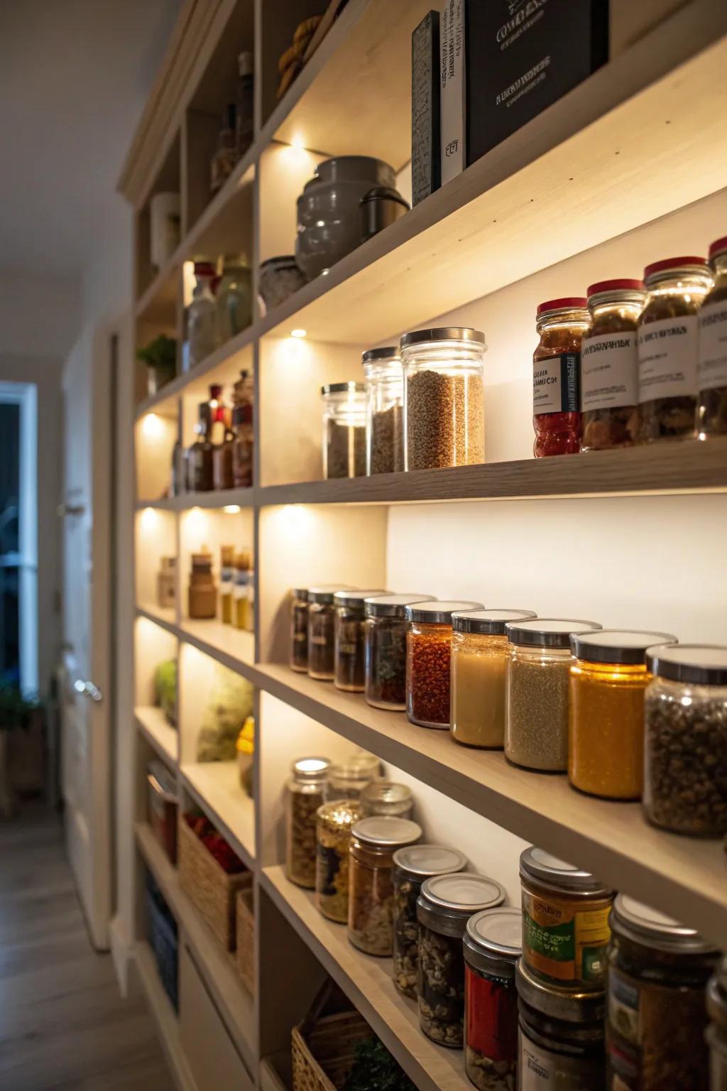 Under-shelf lighting brings clarity to pantry storage.