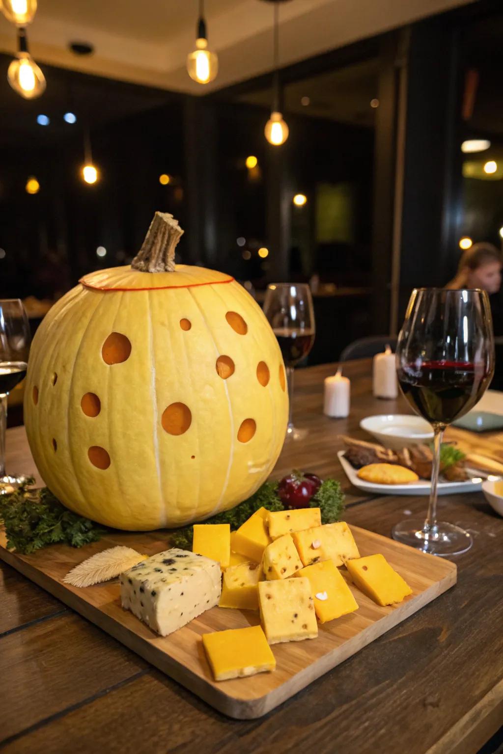 Cheese wheel pumpkins for a delightful and cheesy decor.