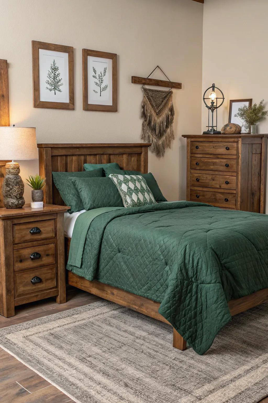 Rustic elements add warmth and character to forest green bedding.