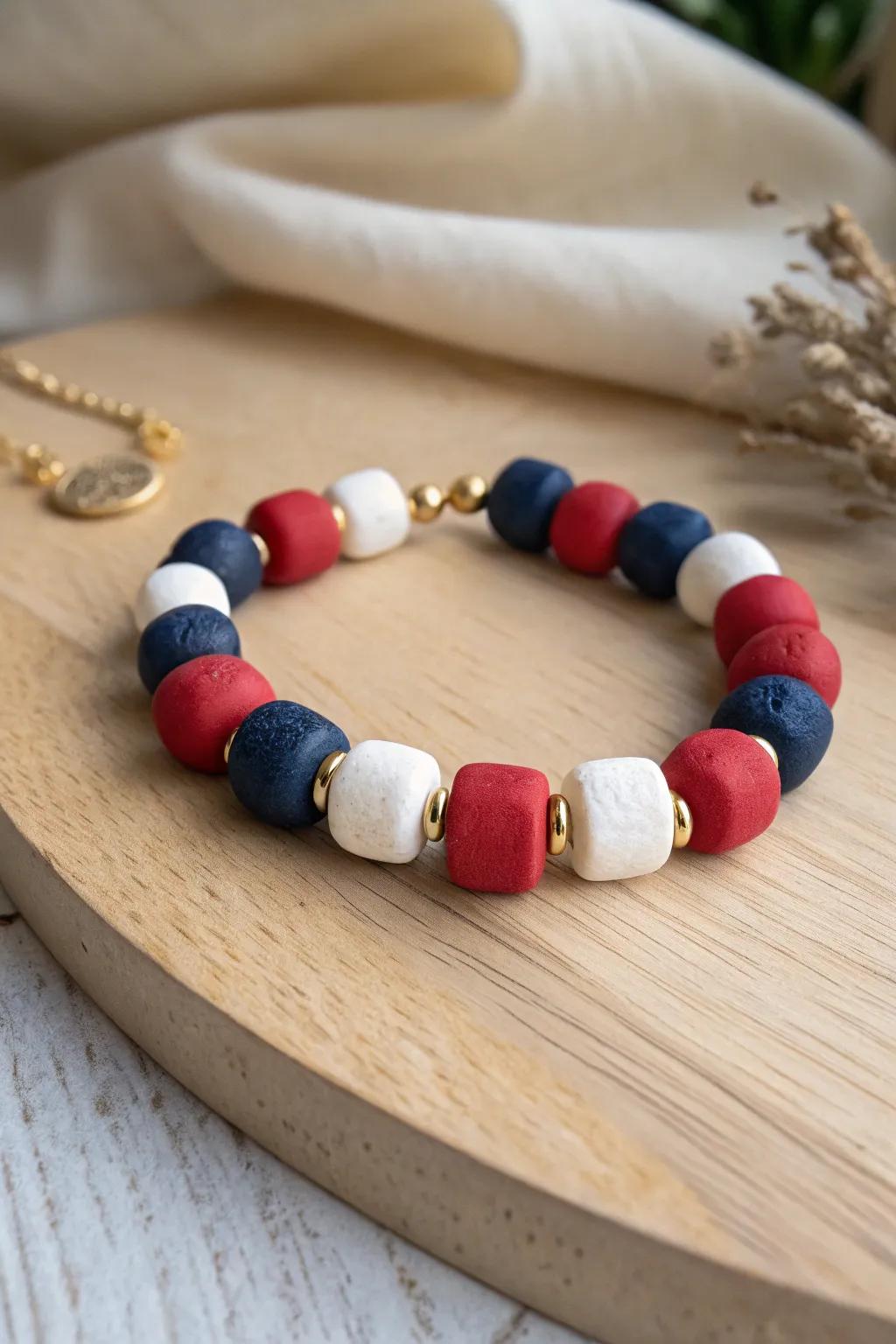Bold colors meet minimalist design in this stunning clay bead bracelet, perfect for a standout Fourth of July look.