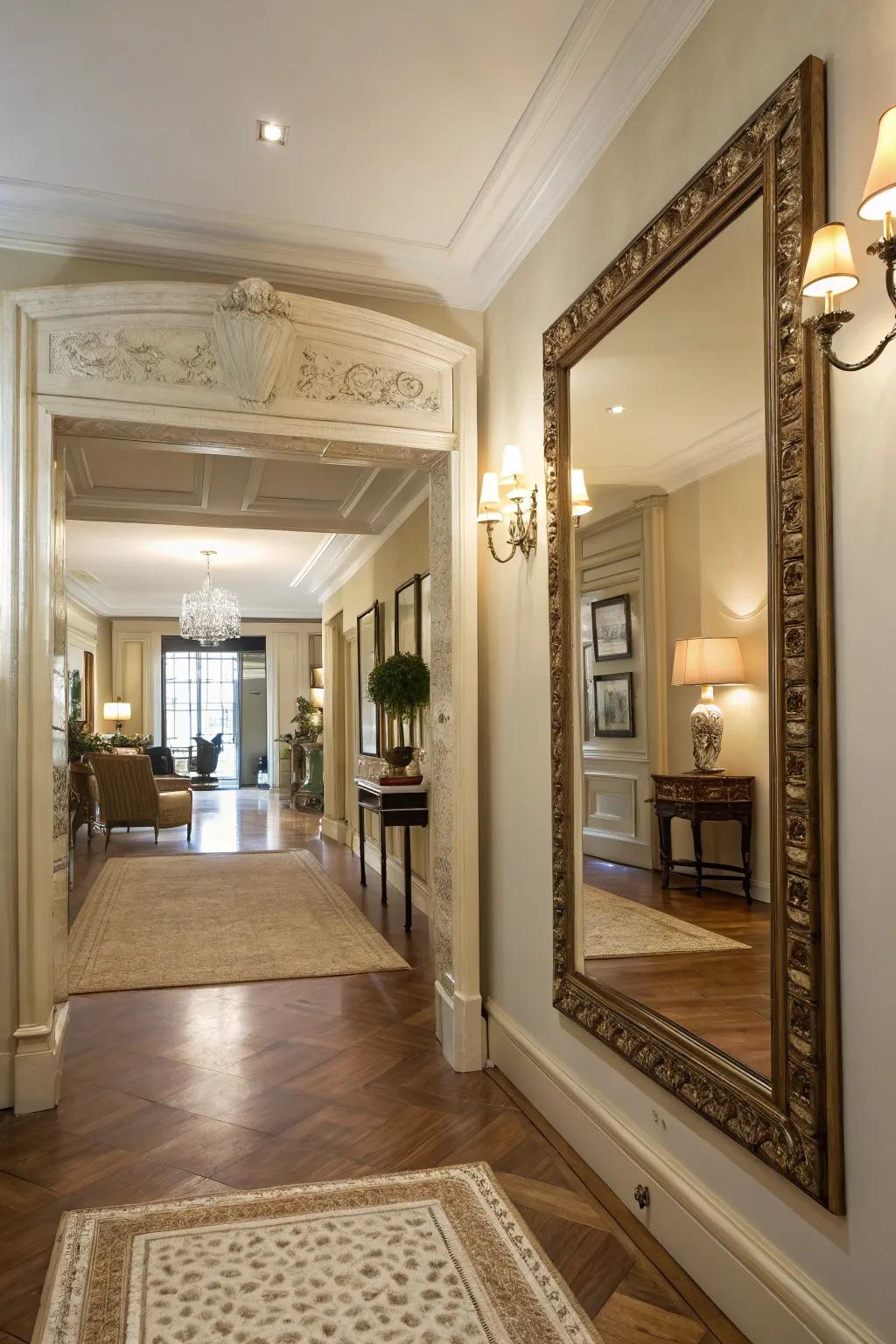 Mirrors enhance light reflection, making the foyer feel spacious.