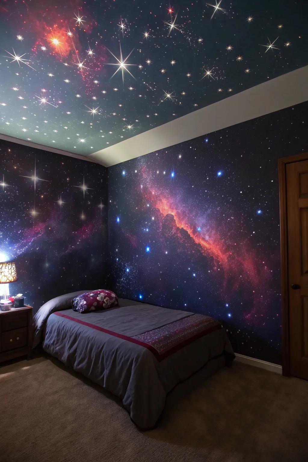 A galaxy wall creates a dreamy escape in the guest room.