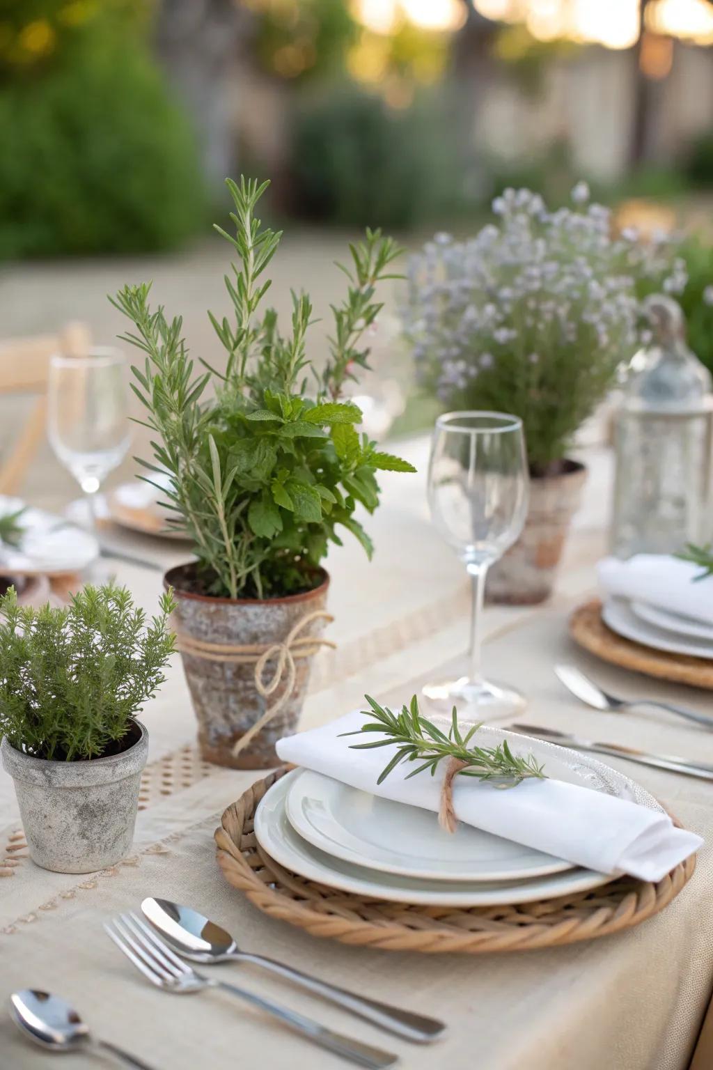 Fresh herb bouquets add fragrance and color to this charming French table.