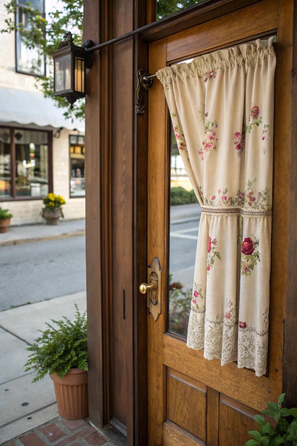 Cafe curtains lending a quaint, vintage charm to the entryway.