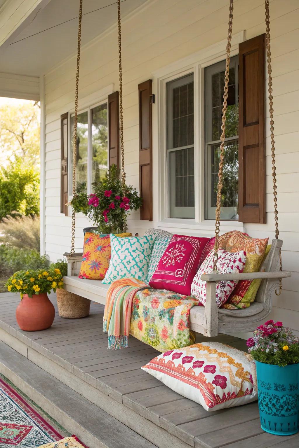 Textiles add comfort and style to the porch.