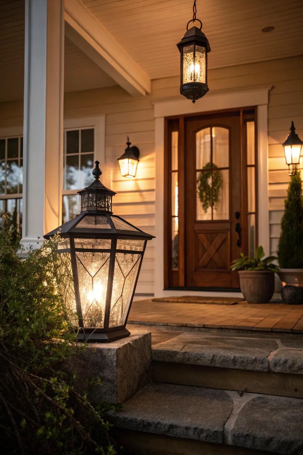 A statement lantern adds elegance and light to the porch.