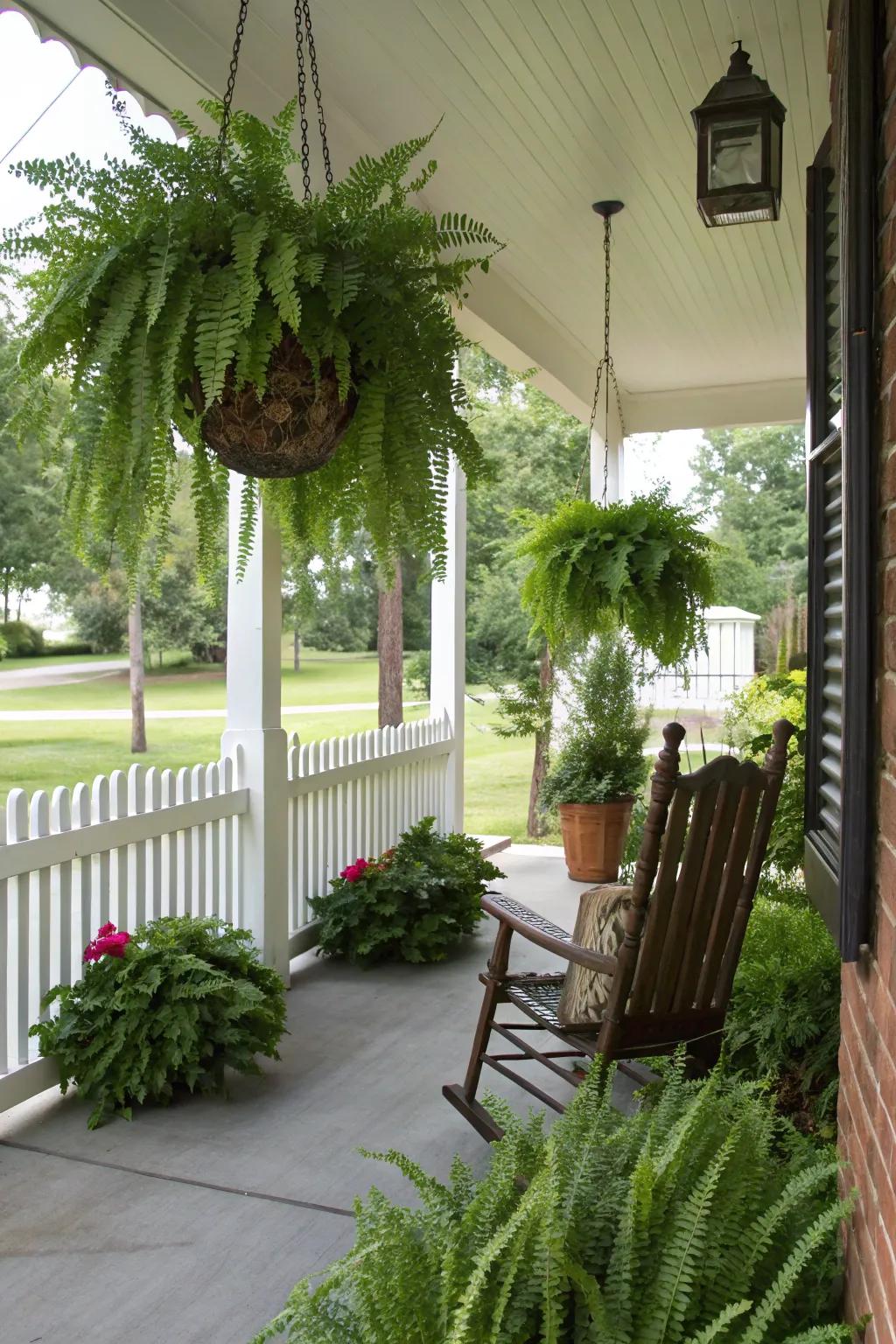 Chic ferns adding elegance to the porch.