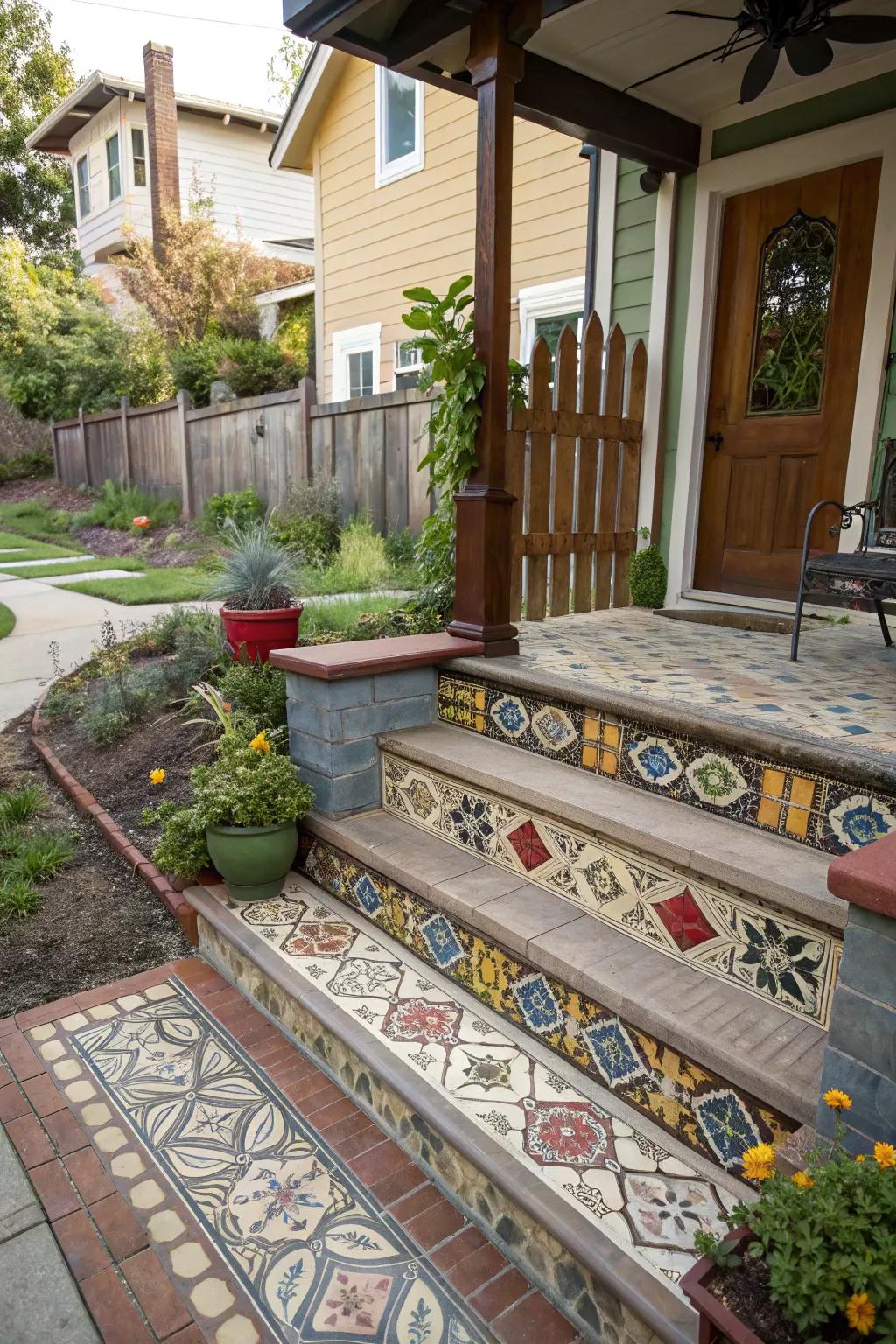 Artistic tiles add color and personality to porch steps.