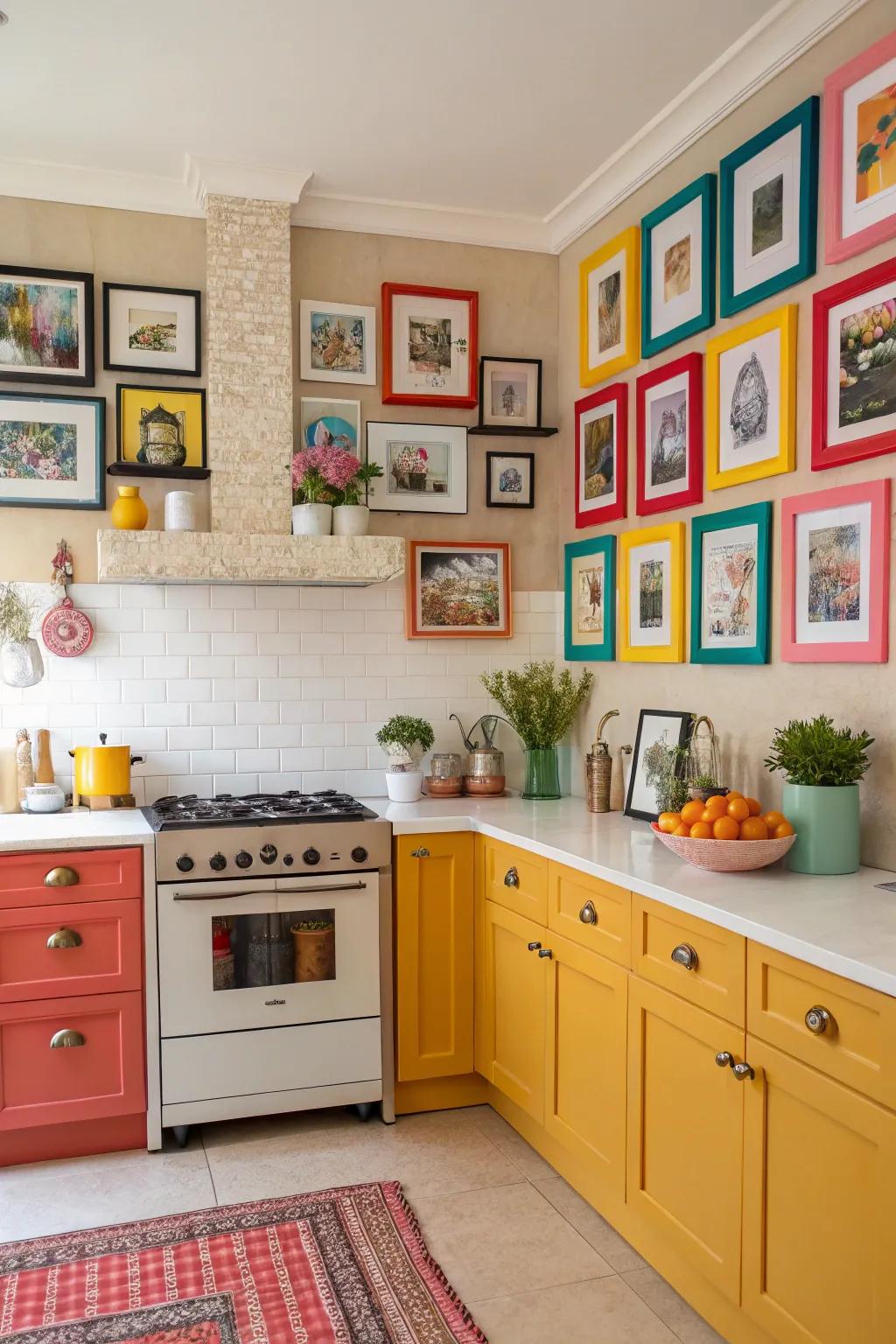 A color-pop display gallery wall with vibrant frames in a playful kitchen.