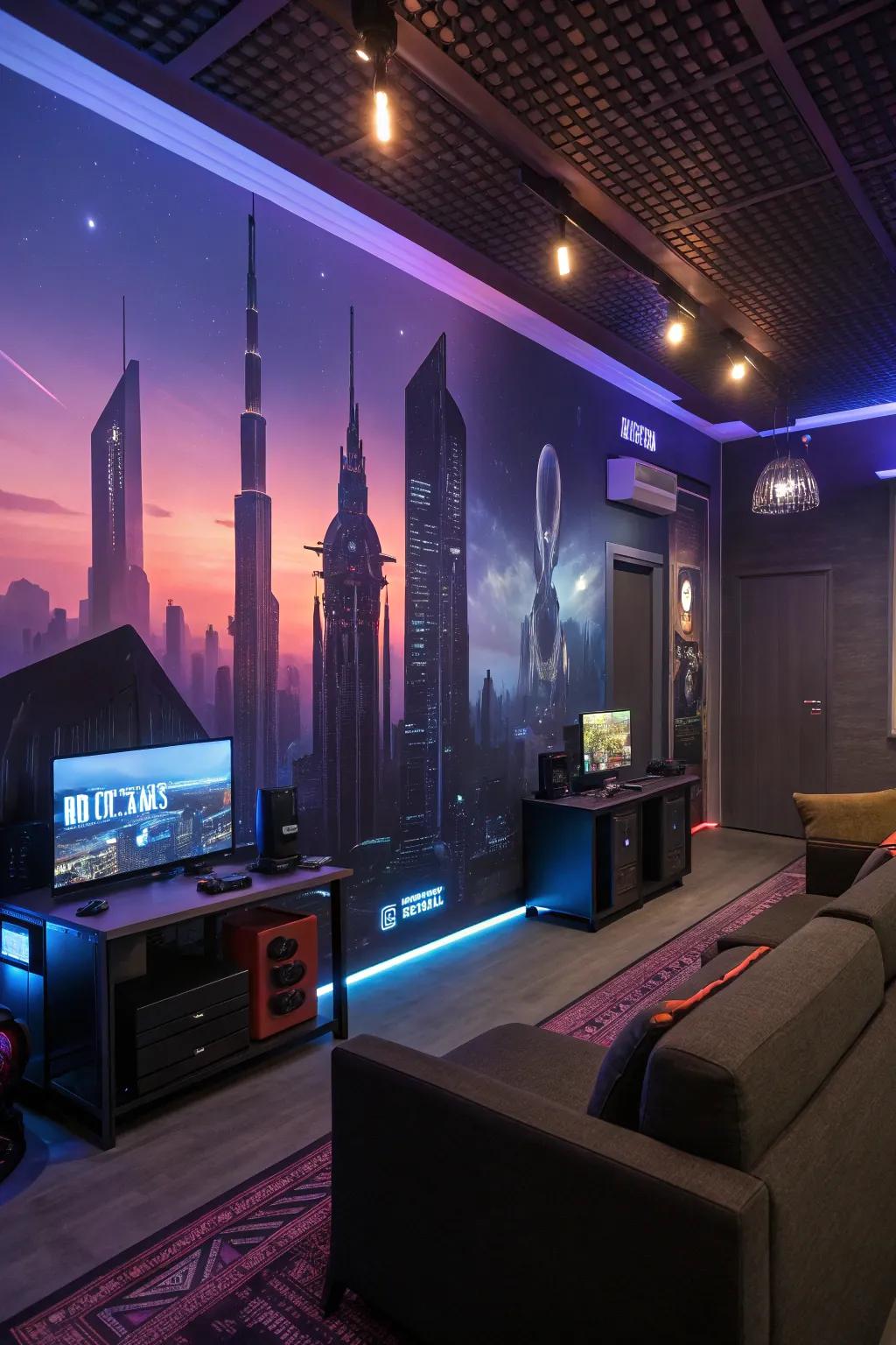 A sci-fi-themed game room mural for a futuristic touch.