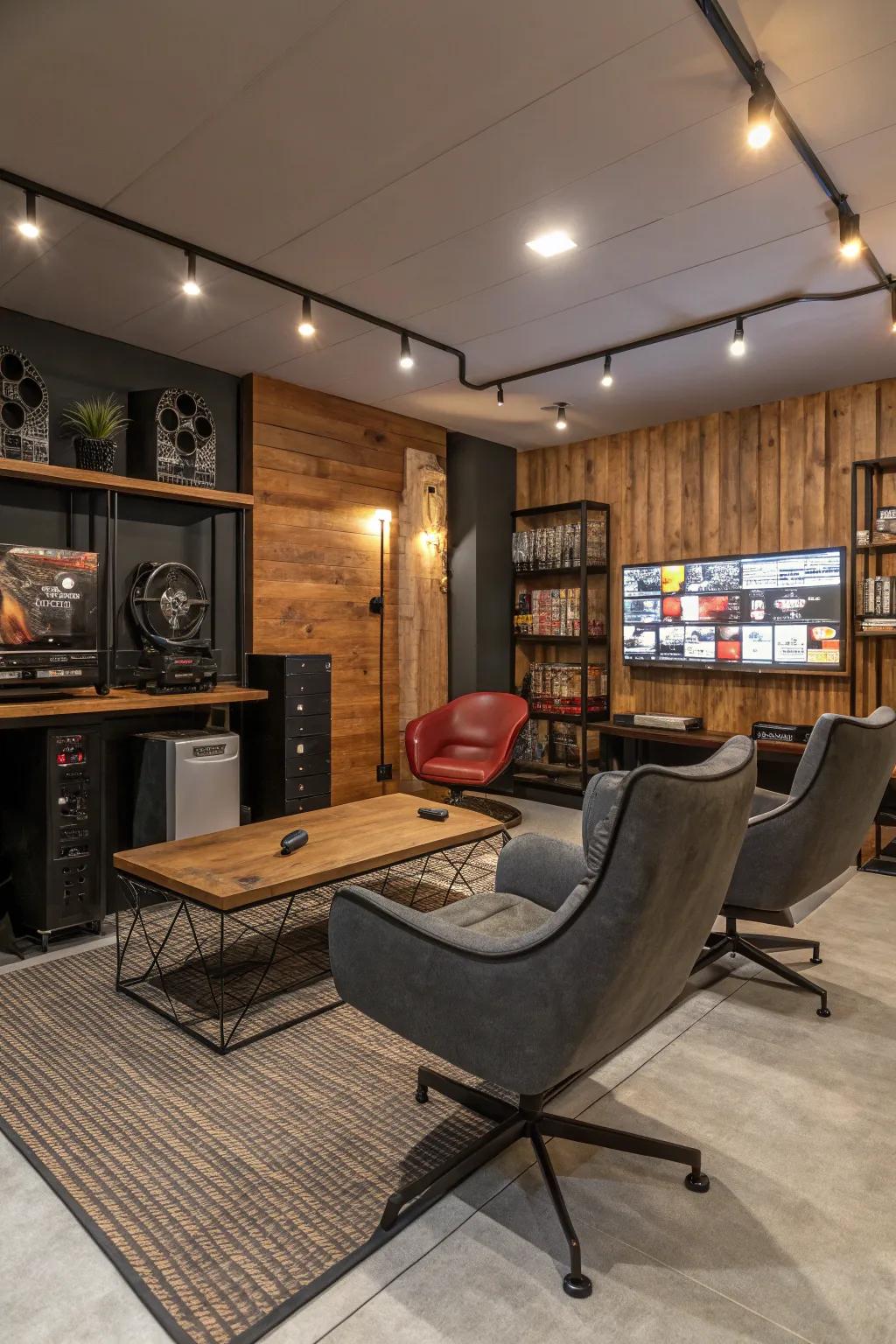 A mix of textures in the gaming room creates a warm and inviting environment.