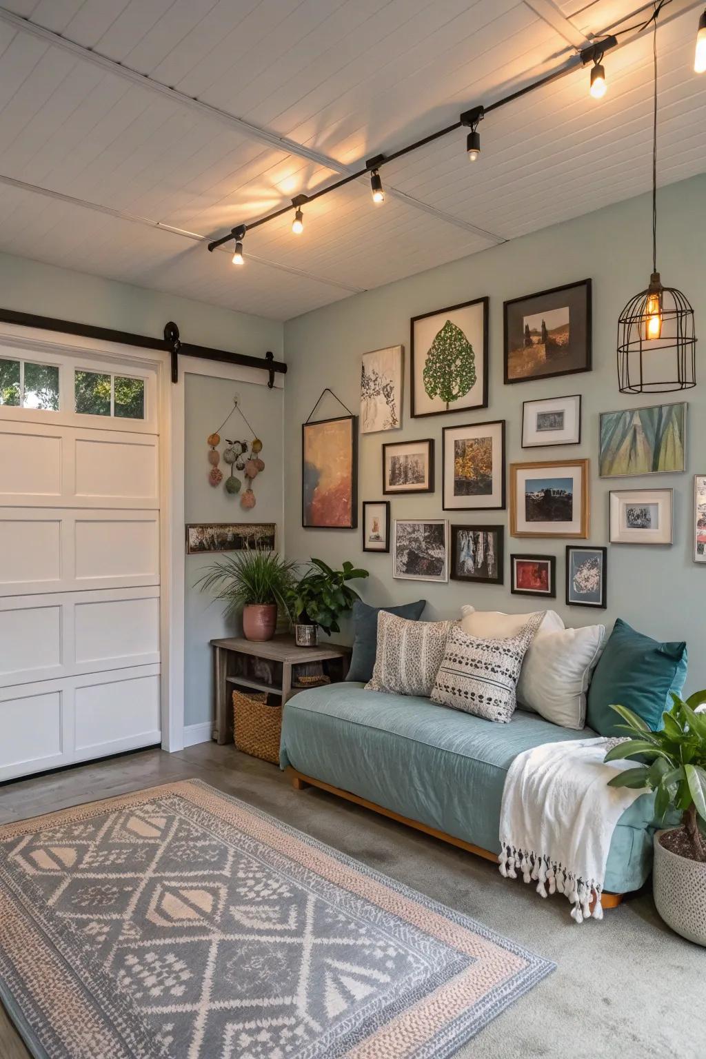 A personal gallery wall adds character and warmth to your garage bedroom.