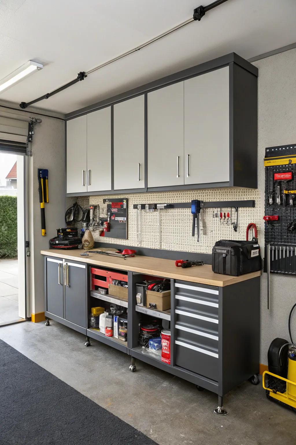 Workbench cabinets offer a practical workspace solution.