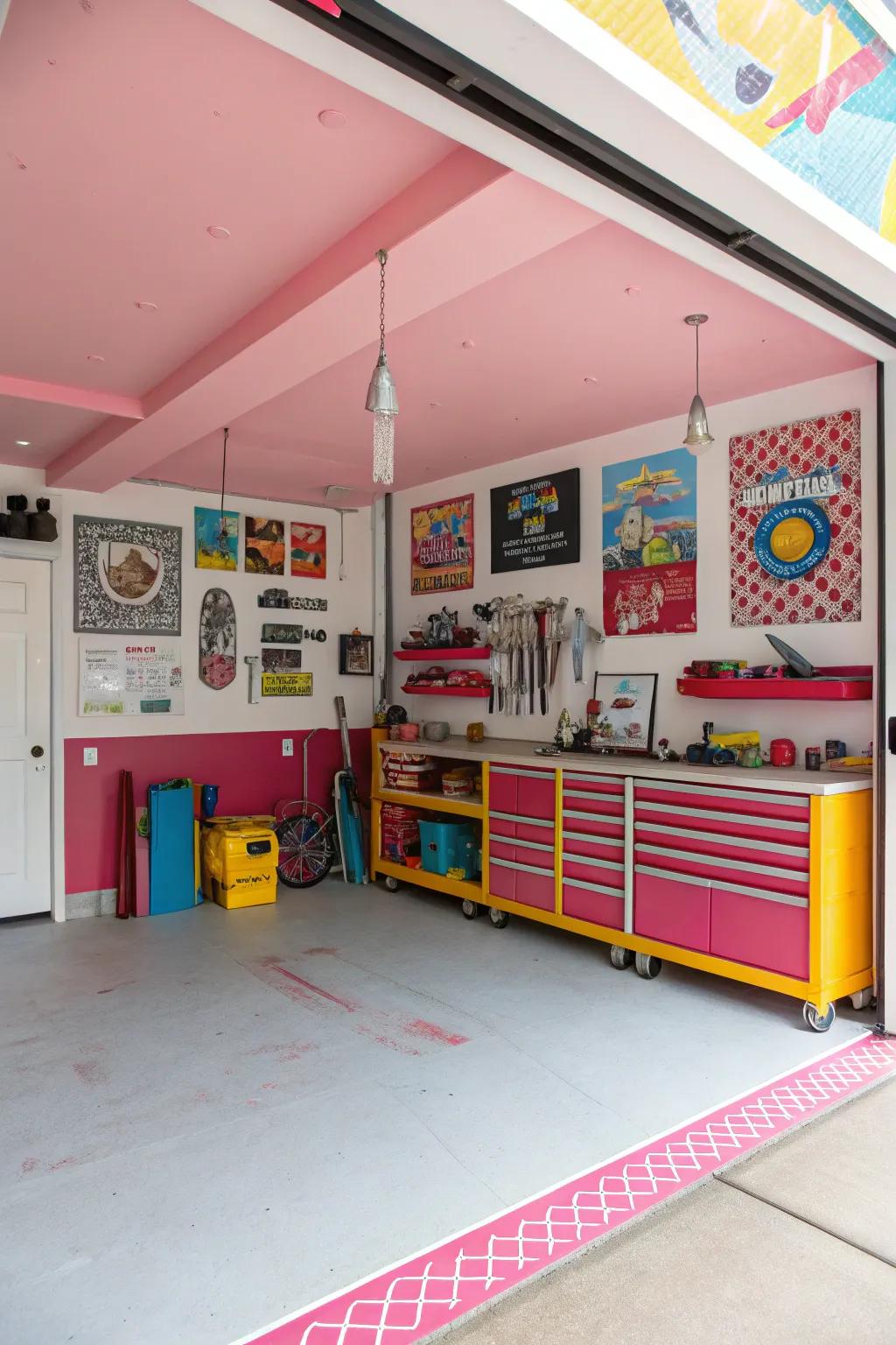 A playful pink ceiling adds a cheerful and fun atmosphere.