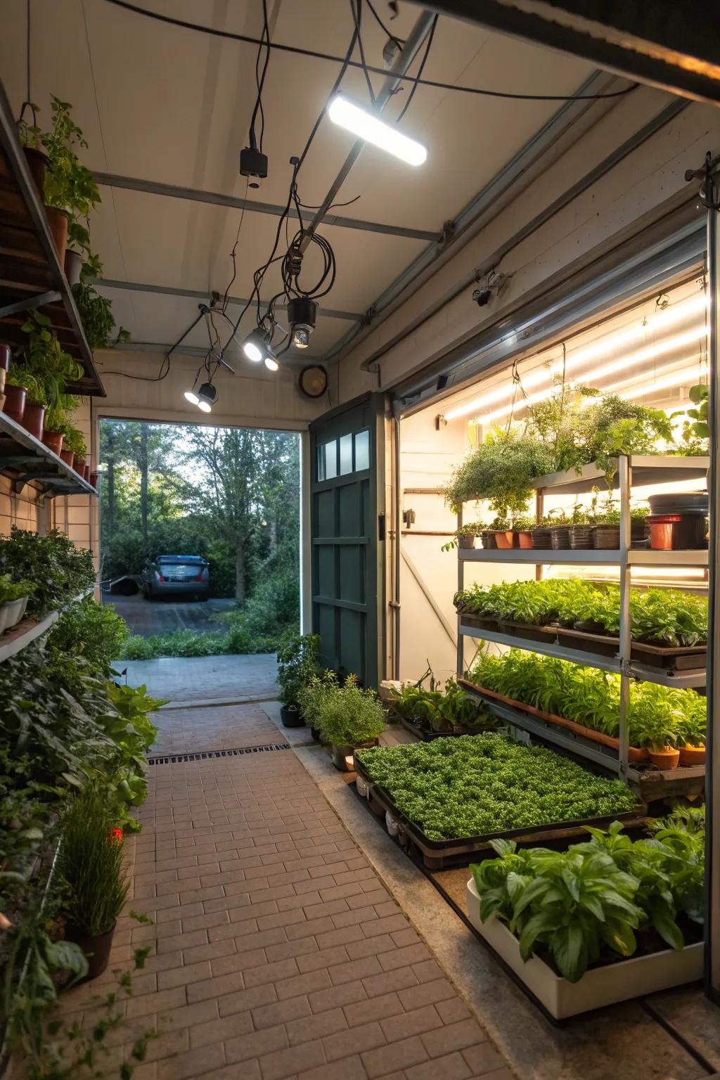 An indoor greenhouse offering lush greenery in a converted garage.