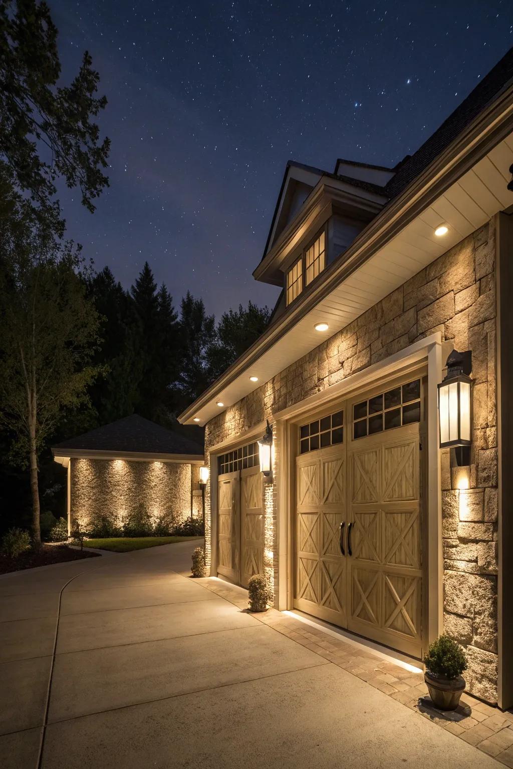 Well lights provide elegant accent lighting for highlighting garage exteriors.