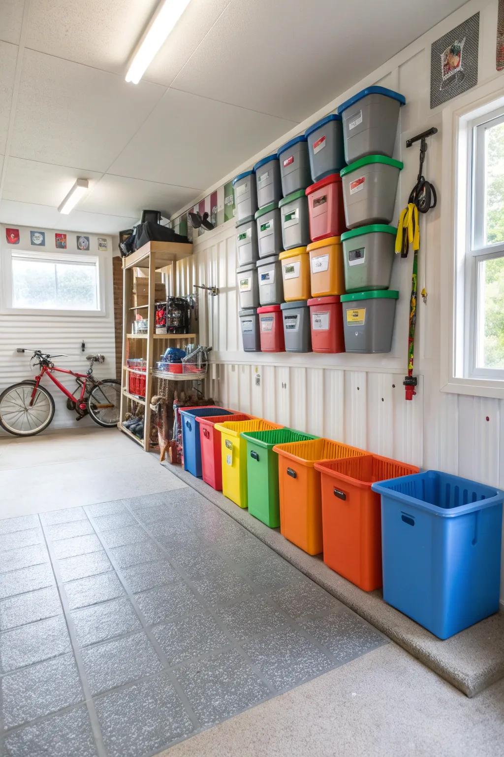 Bins for seasonal storage keep the garage mudroom organized year-round.