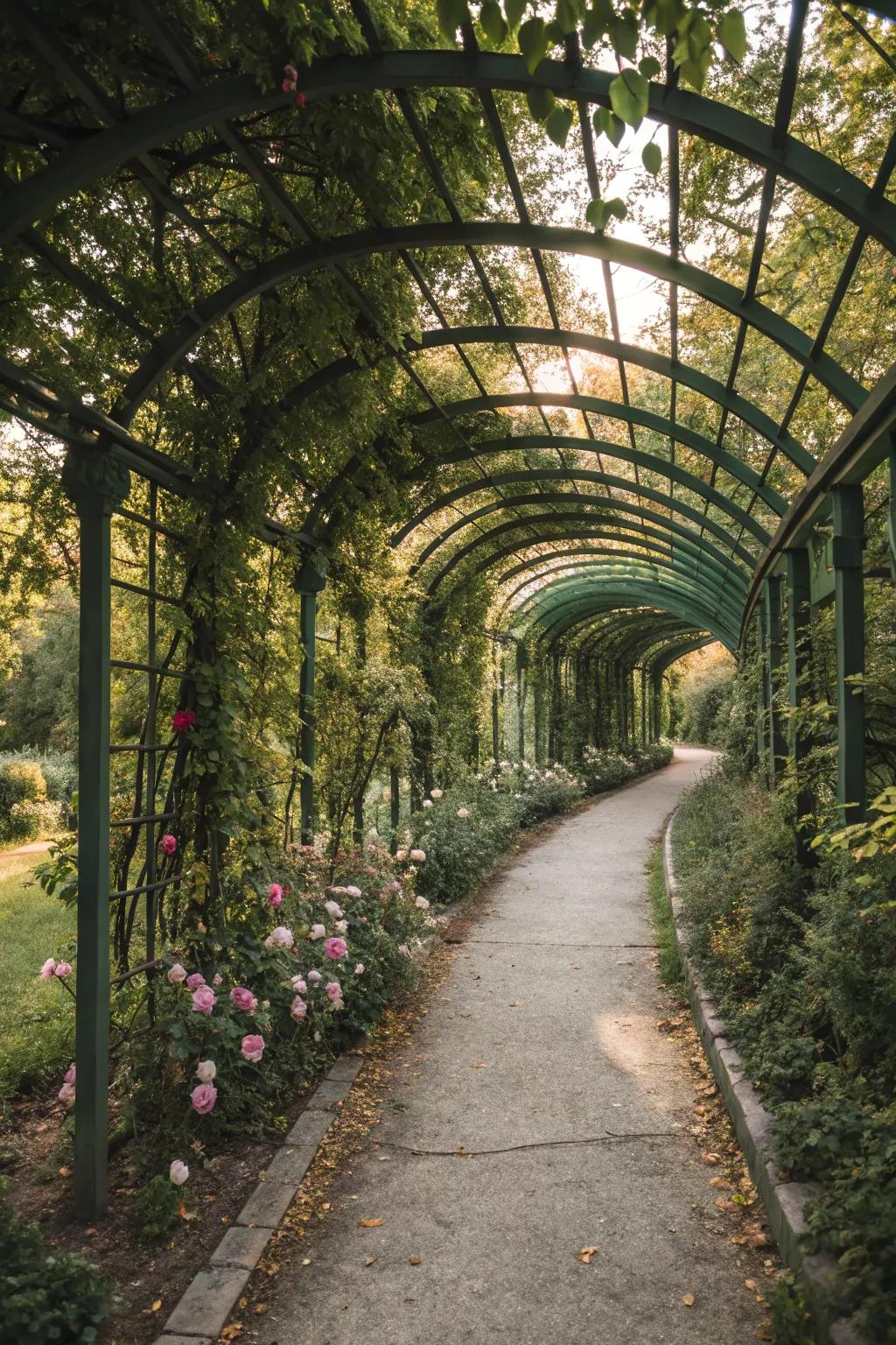 Create drama with multiple interconnected arch trellises.