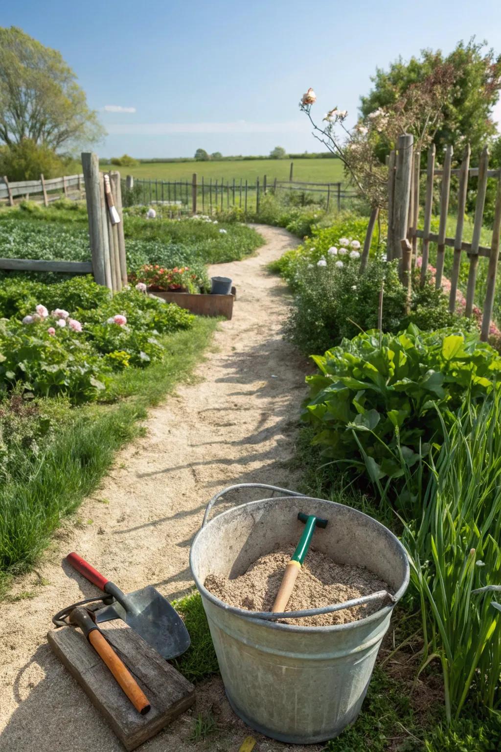 A sand-filled bucket is a simple and effective way to store and maintain small tools.