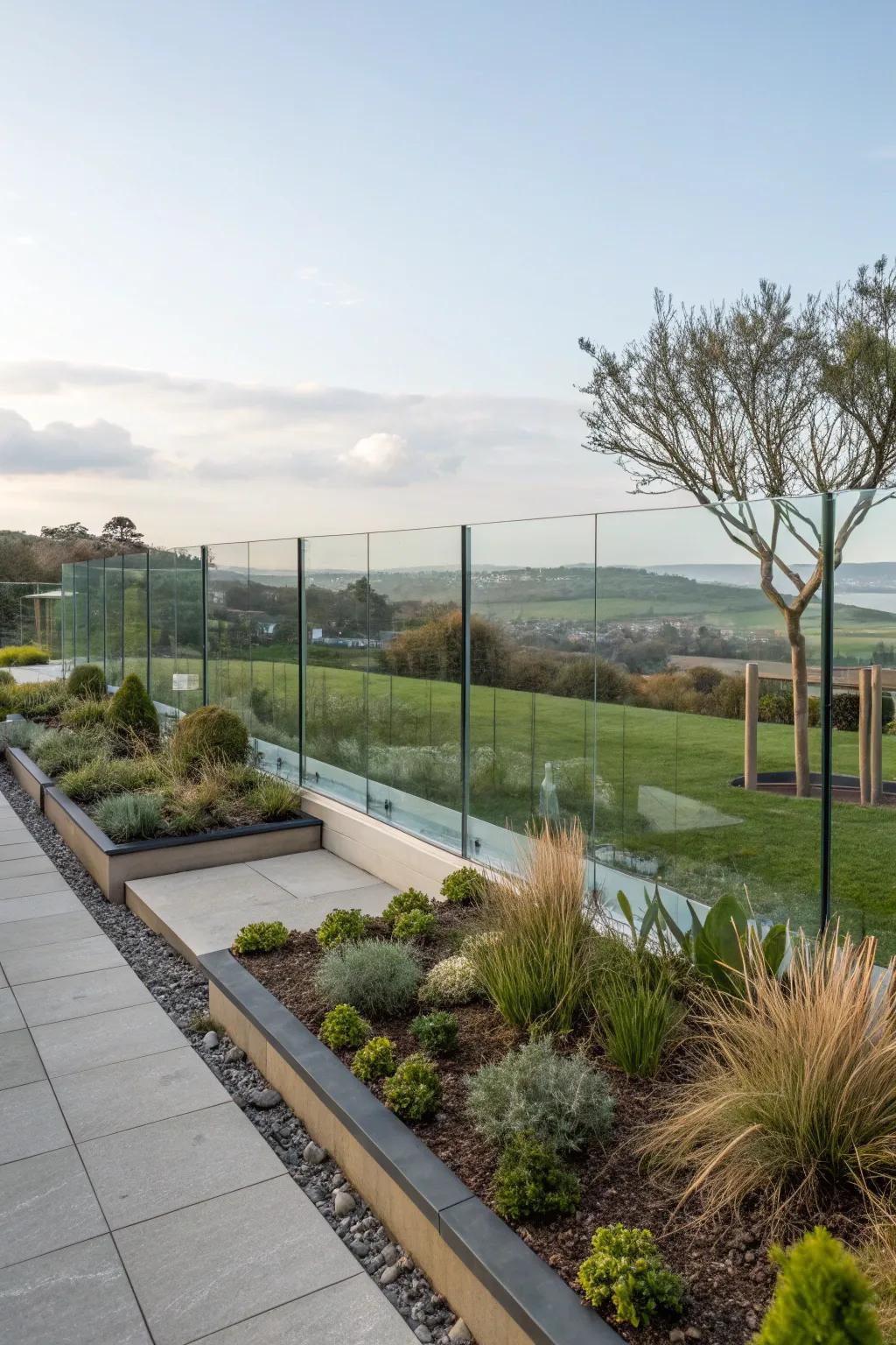 Sleek and modern glass panel fencing for scenic views.