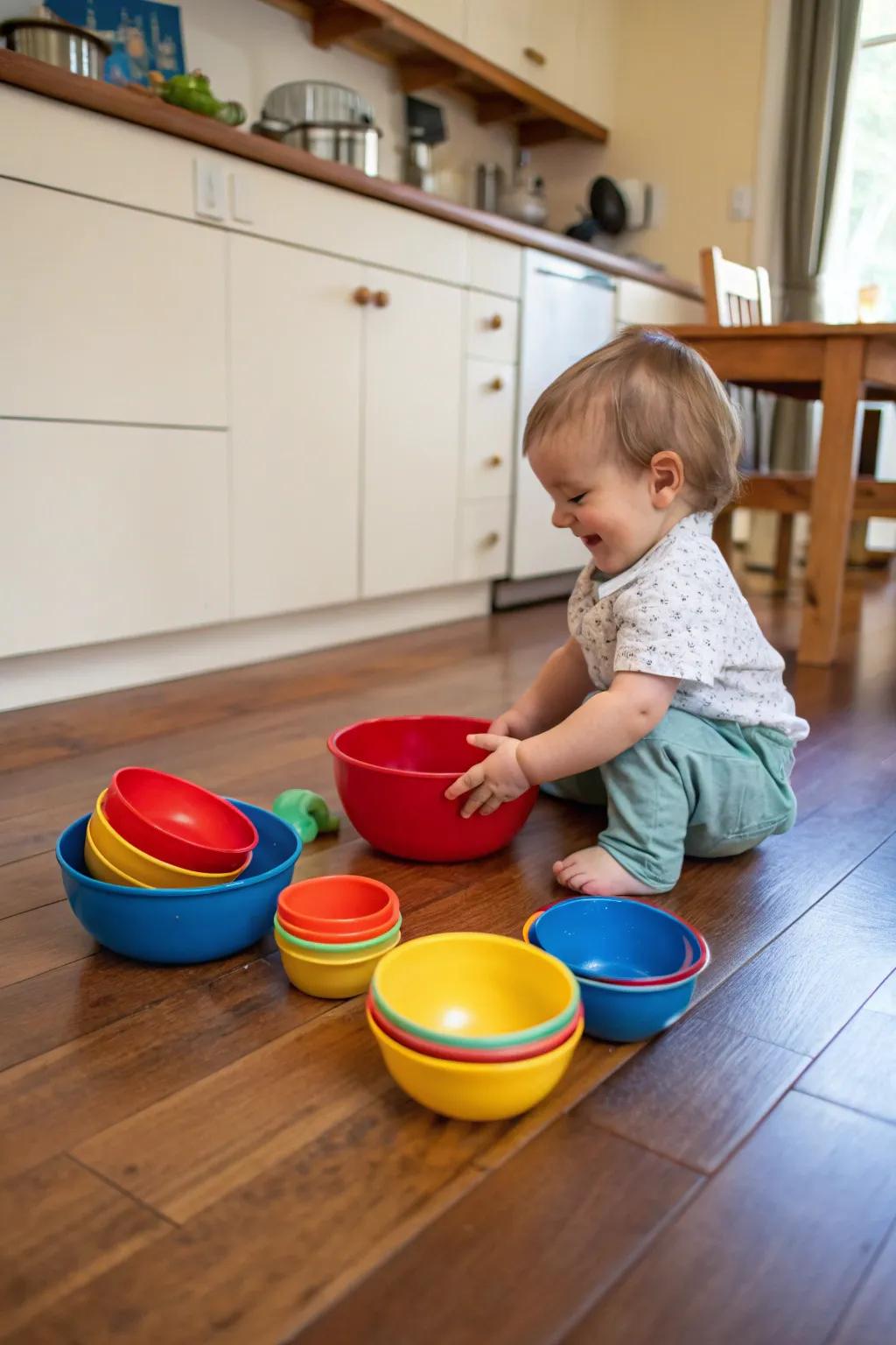 Nesting bowls encourage spatial and motor skills development.