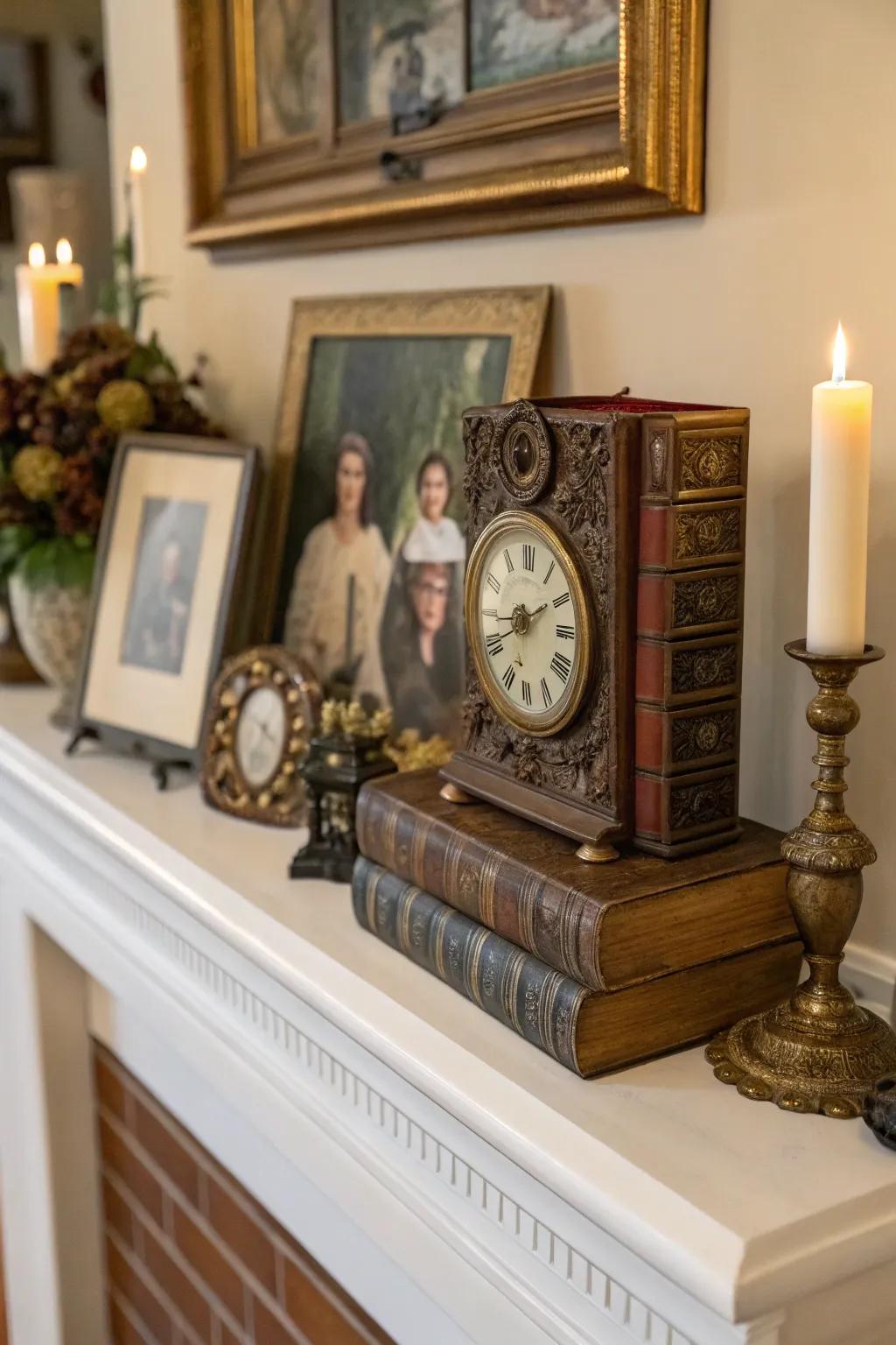 An antique book clock adds timeless elegance to any room.